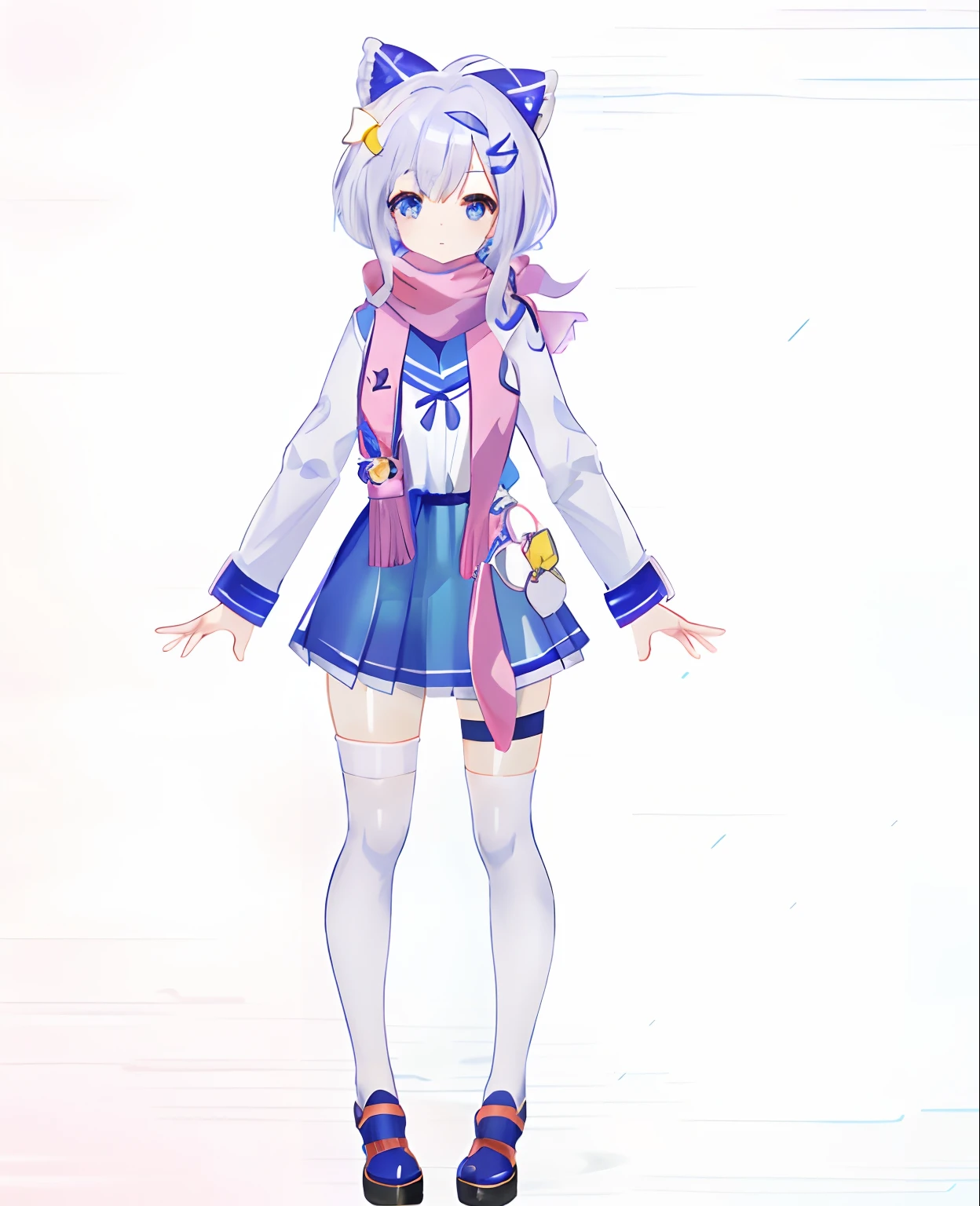 Anime girl in blue dress and white shirt with scarf, render of a cute 3d anime girl, anime vtuber full body model, render of april, live2d virtual youtuber model, Single character full body, clear outfit design, anime full body illustration, lunar themed attire, full body adoptable, full body single character, pretty anime character design