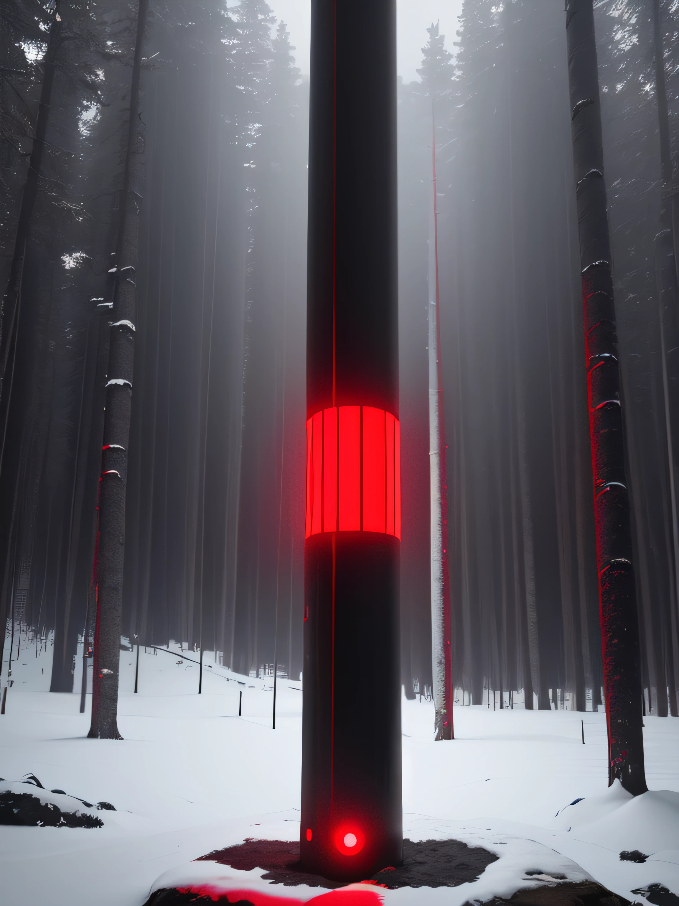 A red and black glowing cylinder shape deman pole, high height, in iceland, in rhe raining forest, dark theme, 8k, ultrarealistic