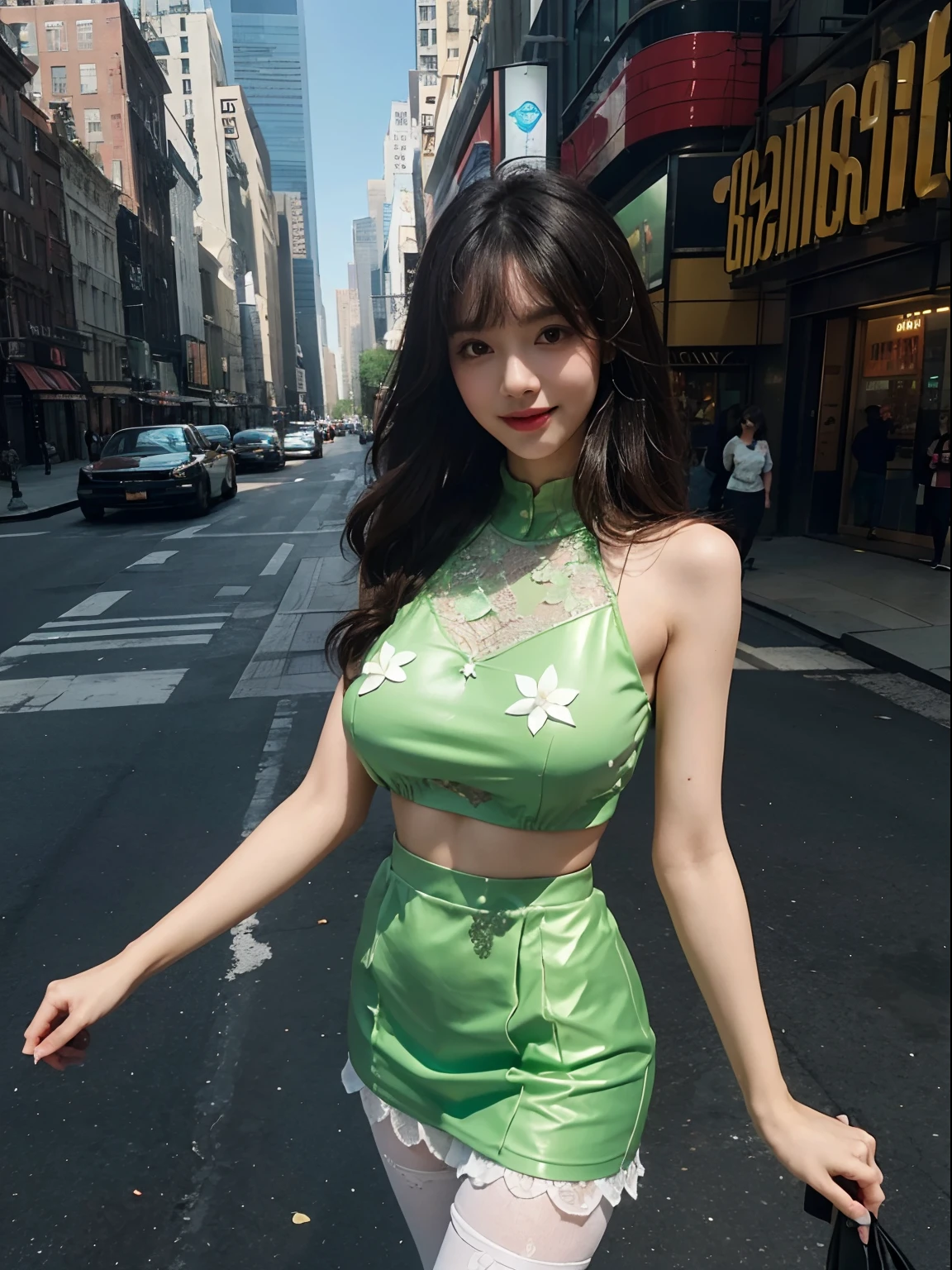 （（top-quality，realisticlying，hyper HD，tmasterpiece：1.4，Highly Detailed Face and Skin Textur）），High quality face，1个Giant Breast Girl，Slender abs：1.1，medium boob：1.3，Highly detailed lips，By bangs，Floral，she's smiling，with fair skin，Walk in New York and other cities in the 1970s，Black lace tights，in mecha style，largeaperture，Elevated view，Green and white