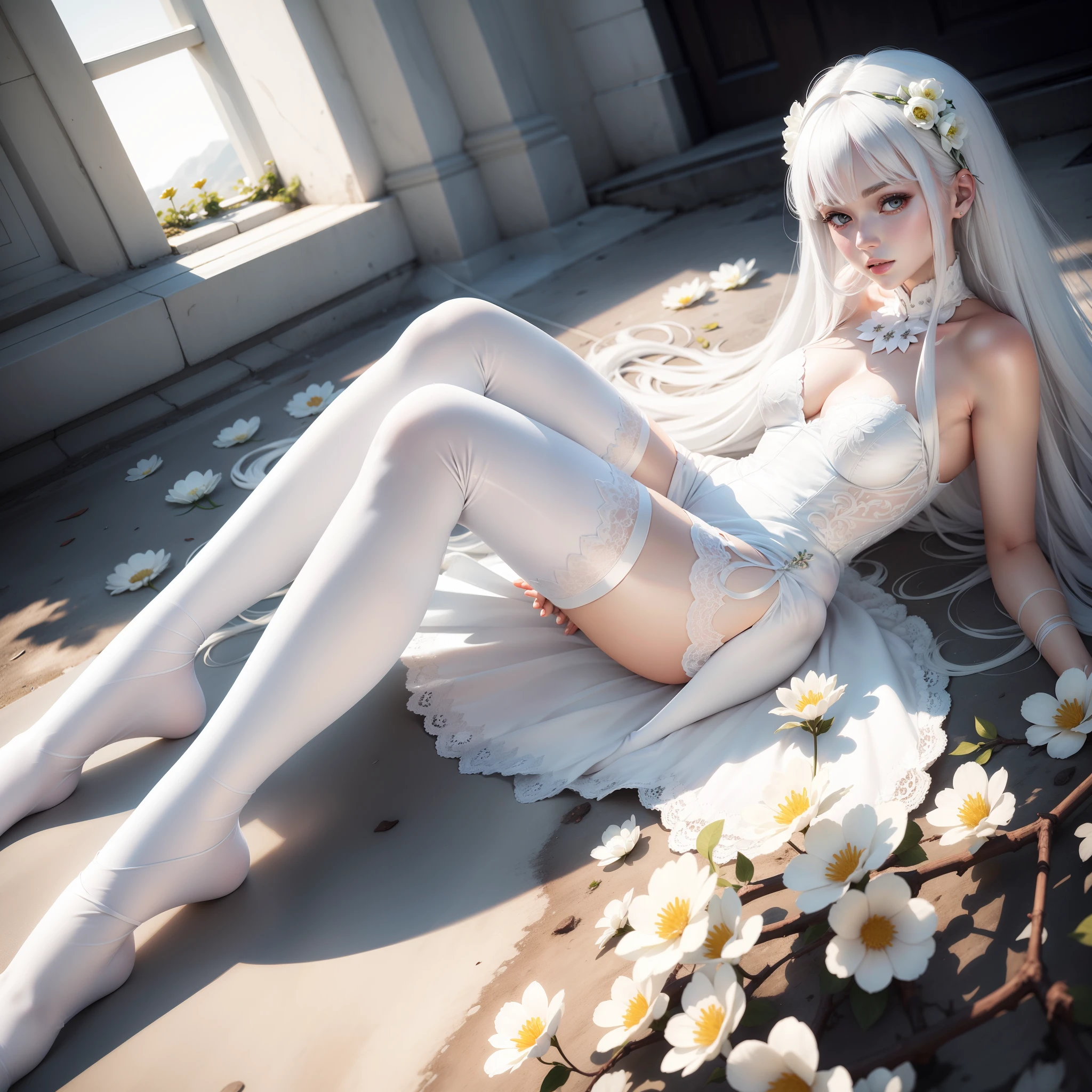 White hair, white skin, superb realistic ultra-clear flower background, long-legged beauty sitting on the ground in black stockings, white gorgeous clothes