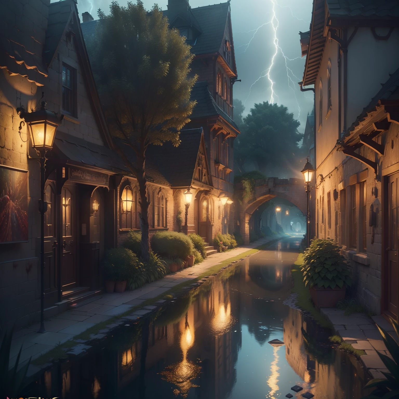 Here's what I got from ChatGPT

(3D style:1.1), (night time:1.1), (thunderstorm:1.1), (red lightnings:1.1), (gruesome village:1.1), (Bridge:1.1), (street view:1.1), (blood running down the street:1.3), (dark Medieval fantasy:1.1), (scary outlines in the windows:1.1), (scary tree:1.1), (cobblestone wall bloodstained:1.1), (medieval frightening houses:1.1), (signs on doors 'for rent':1.1), (torches:1.1), (bloody plants:1.1), (nostalgia:1.1), (surreal:1.1), (rays:1.1), (glittery haze:1.1), (hdr:1.1), (raytracing:1.1), (unreal engine 5:1.1), (8k:1.1), (enchanting:1.1), (masterpiece:2.0), (colored pencil:1.1), (masterful detail:2.0), (luminescent:1.1), (realistic light and shadow:1.1), (realistic light refractions:1.1), (ultra detailed reflections:1.1), (best quality:1.1), (expert attention:1.1), (cinematic:1.1), (movie production quality:1.1), (maximum detail:1.1)
