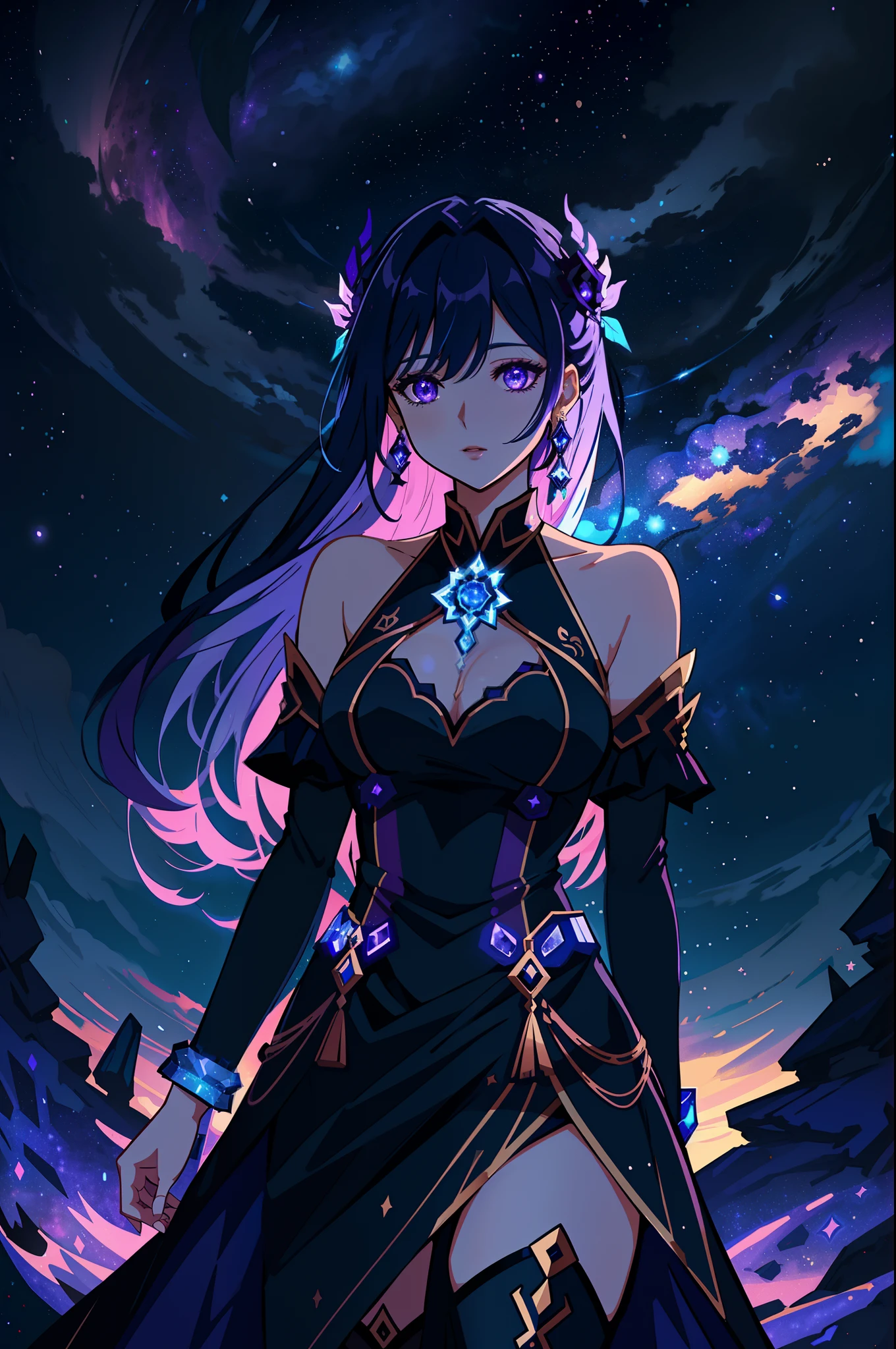A grand divine cosmic goddess, (2d illustration:1.2), Dark, purple, blue, starry, (imposing), (grand), (1woman:1.3), ((sfw:1.4))