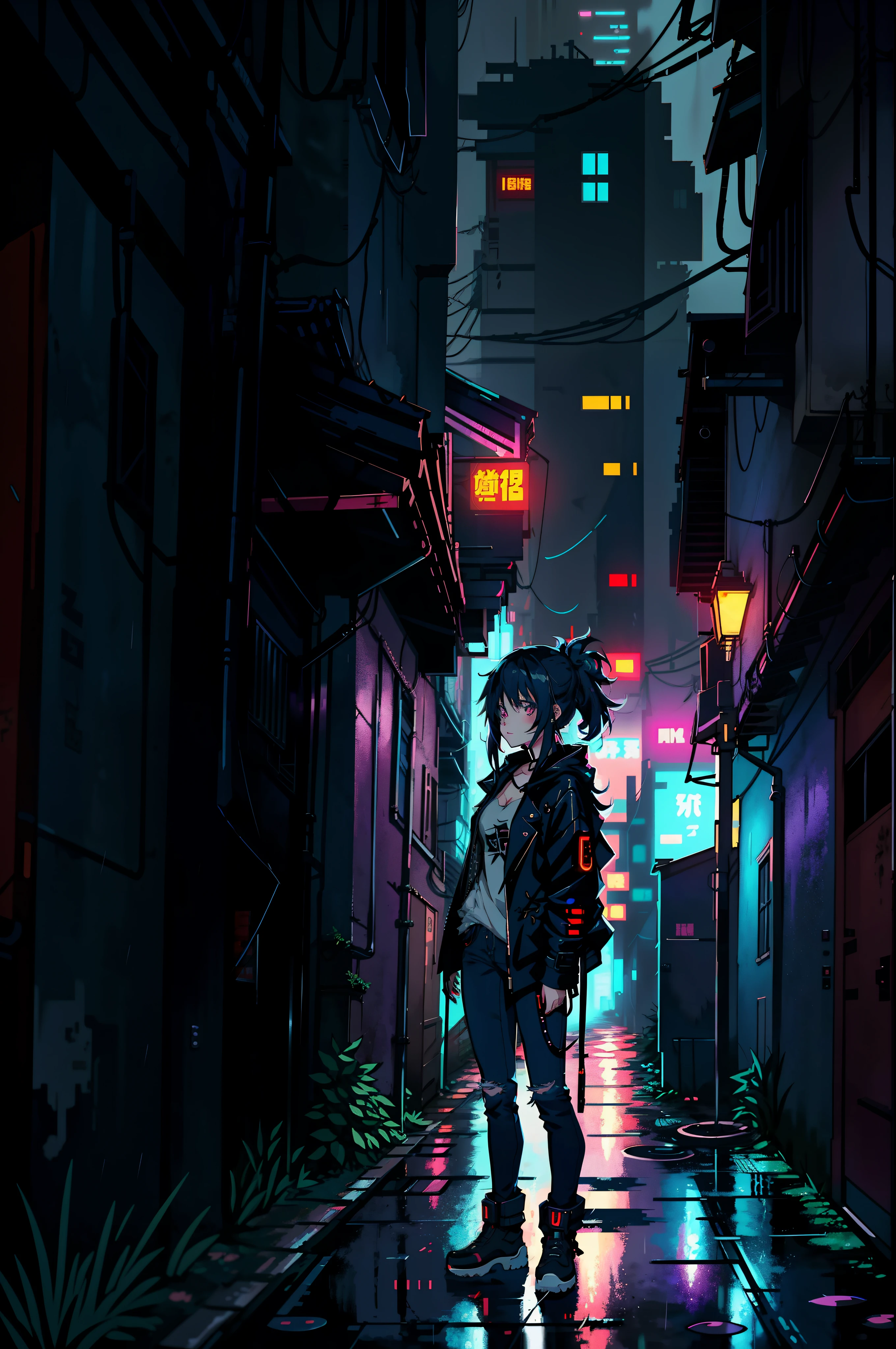 A little anime girl wearing a long dark jacket, full jeans, messy hair, (2d illustration:1.2), (1girl:1.3), ((cyberpunk, dark alley)), ( rainy), (depressing atmosphere)