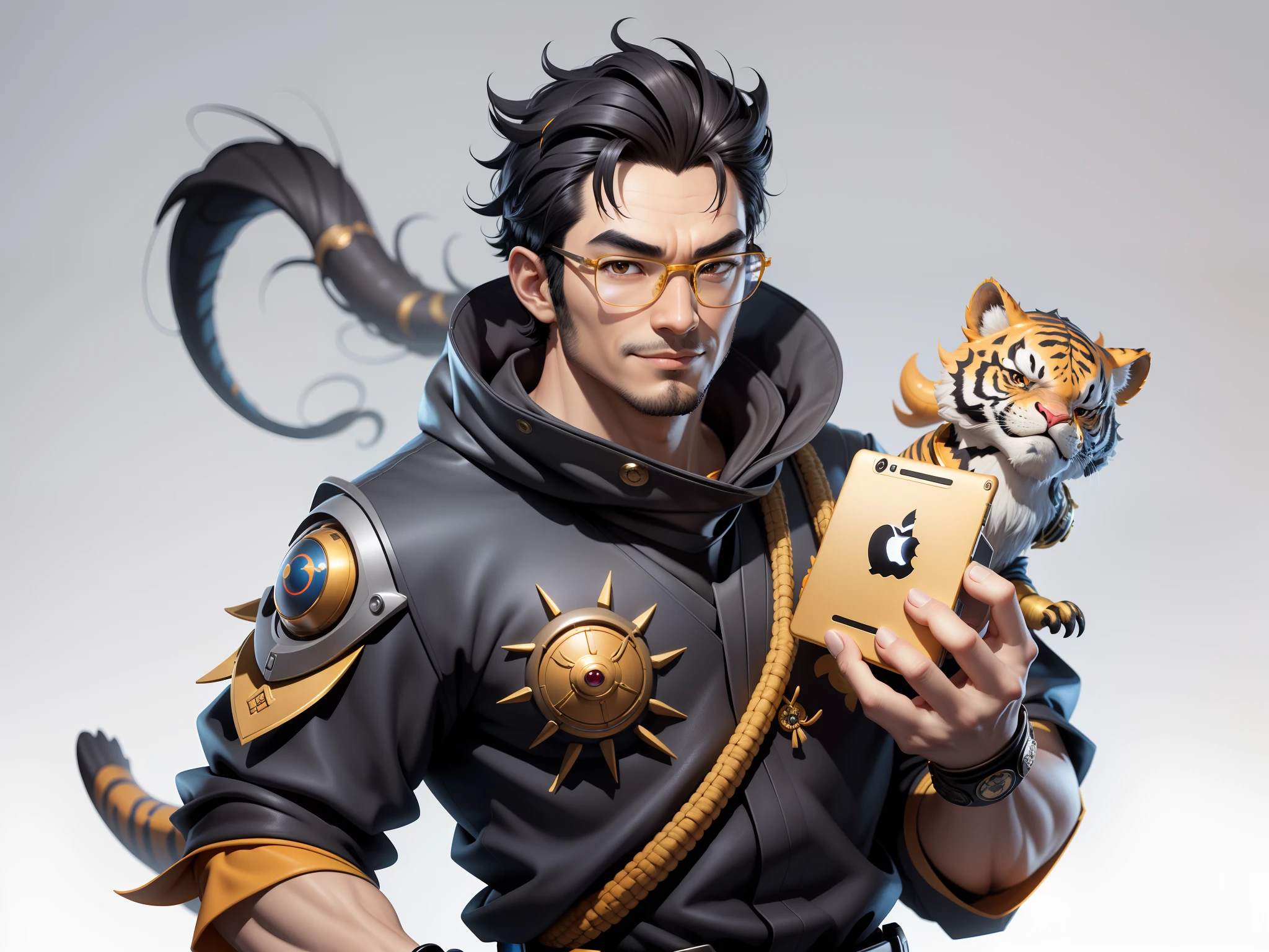 (Masterpiece), (Excellent), (Super Meticulous), (Full Body: 1.2), Super Young Man with Japanese Female Geisha, Pretty, Beautiful, Chinese Dragon, Tiger, Wind God Thor, Sexy, Bursting, Oriental Face, TV Anchor, Bust Portrait Illustration, Black Suit, Blue Tie, Slightly Chubby Face, Silver Glasses, Very Clean Face, No Beard on Chin, Black Super Short Hair, Black Eyes, Confident Smile, 3c Computer Sub-Products, iPad, iPhone, Digital Painting, 3D character design by Mark Clairedon and Pixar and Hayao Miyazaki and Akira Toriyama, the illustrations are HD illustrations in 4K resolution with highly detailed facial features and cartoon-style visuals.