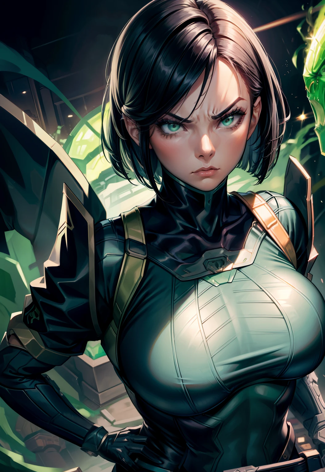 Masterpiece, Best quality,Look at the woman from below ,《Fearless viper》, tightsuit, mitts, belt, thigh boots, respirator, view the viewer, face, Portrait, Close-up, Red-faced,Glowing eyes, green smoke, Black background,huge tit,Raised chest,Close-up of chest,oversized boobs,chest focus,Woman in a swimsuit,angry look,Extremely erotic figure,Staring angrily at the screen,Facing the screen,High-gloss dark style