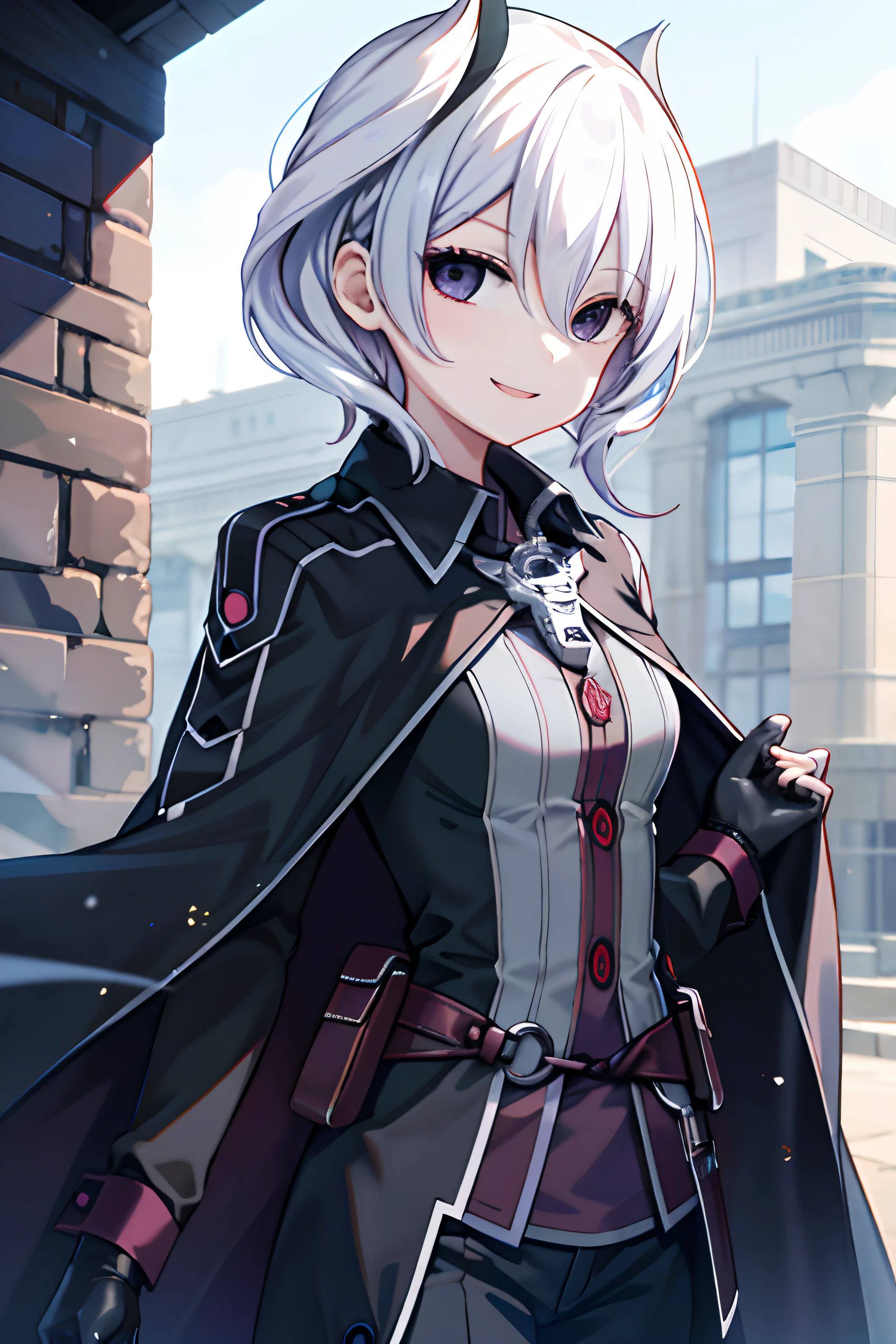 （tmasterpiece，best qualtiy：1.2），cowboy lens，独奏，1girll，sface focus，：D，adolable，1girll，独奏，loudly（made in abyss），looking at viewert，ssmile，（cropped shoulders：1.3），（partially unbuttoned：1.2），Cross your hands at the waist，black black jacket，a black cloak，Black pantsuit。