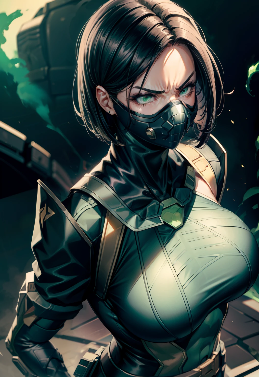Masterpiece, Best quality,Look at the woman from below ,《Fearless viper》, tightsuit, mitts, belt, thigh boots, respirator, view the viewer, face, Portrait, Close-up, Red-faced,Glowing eyes, green smoke, Black background,huge tit,Raised chest,Close-up of chest,oversized boobs,chest focus,Woman in a swimsuit,angry look,Extremely erotic figure,Staring angrily at the screen,Facing the screen,High-gloss dark style