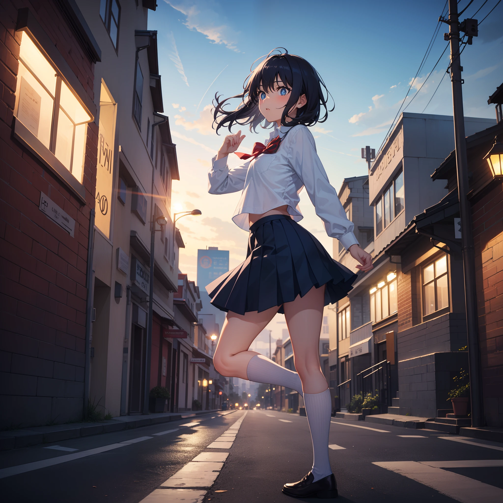 (Giantess Elements, High resolution, high quality, Accurate body structure, Detailed body), Japanese schoolgirl, Sailor suit, Towering Giant Girl, Looking up at a woman approaching from below, giant attacks city, cute, girl Destroy a small town, Destroy a small town, Naughty look, Japanese, White skin, smile, trampling buildings, rubble, Burning Small Town, destroyed small building, Collapsed highway, Cars are crushed, Evacuation of residents, sunset, Burning Small Town, please, walk, Trampling, Anatomically correct, Accurate human body, Accurate skeleton, Full body portrait, blue eyes, rubble scattered at feet, Higher than skyscrapers, Major impact, wonderful, Giantess Elements, Draw a woman in a big way, The rise of disruptive factors, making city smaller, rampage, city, building,