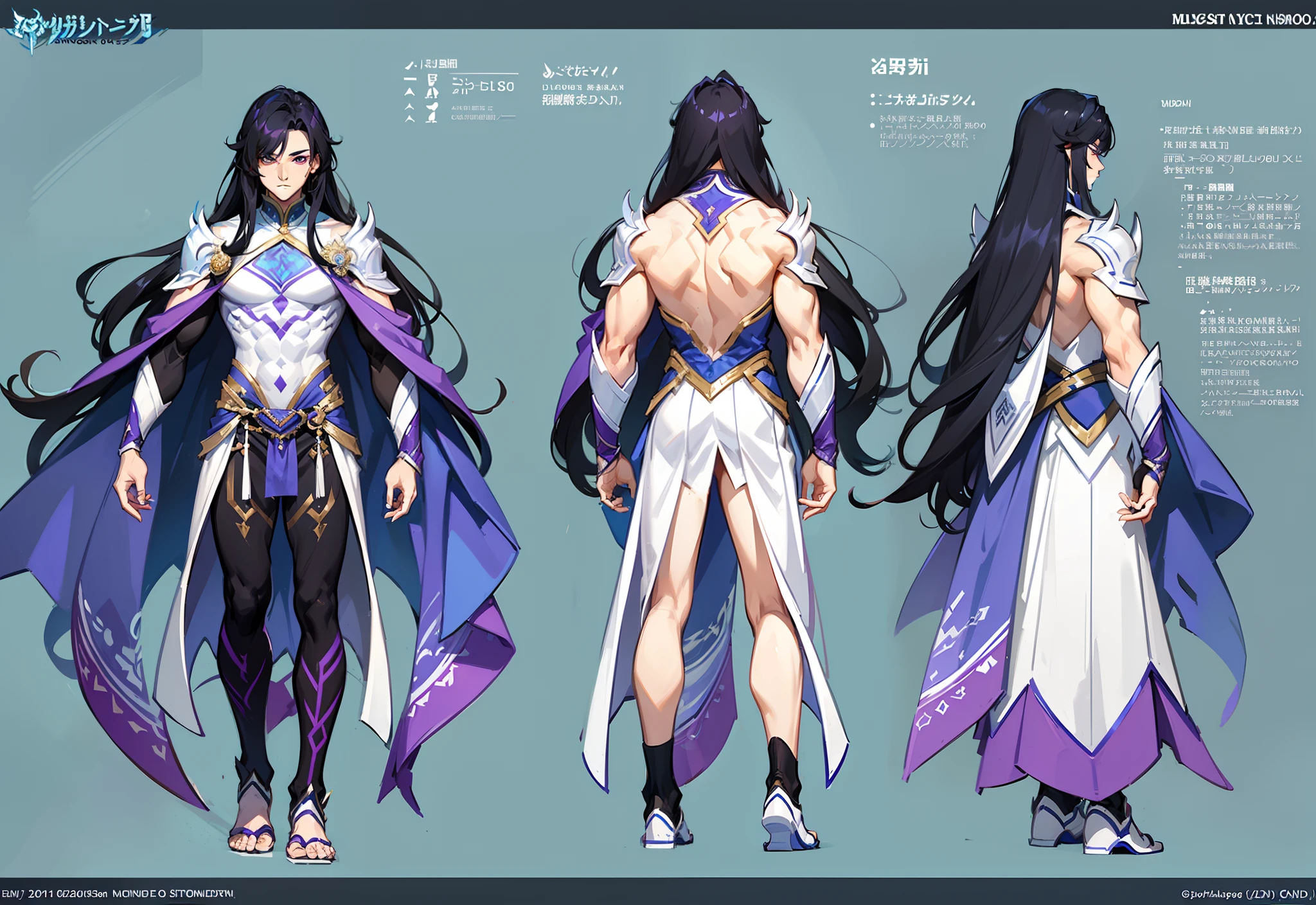 1boy, single, asian boy, reference sheet, character design, front angle, side angle, rear angle, dynamic poses, (masterpiece:1.2), (best quality:1.3), ice fantasy outfit, muscle body, athletic body. (Purple eyes), (long hair), (long bangs), (black hair), (pale skin), lean (reference sheet:1.5)