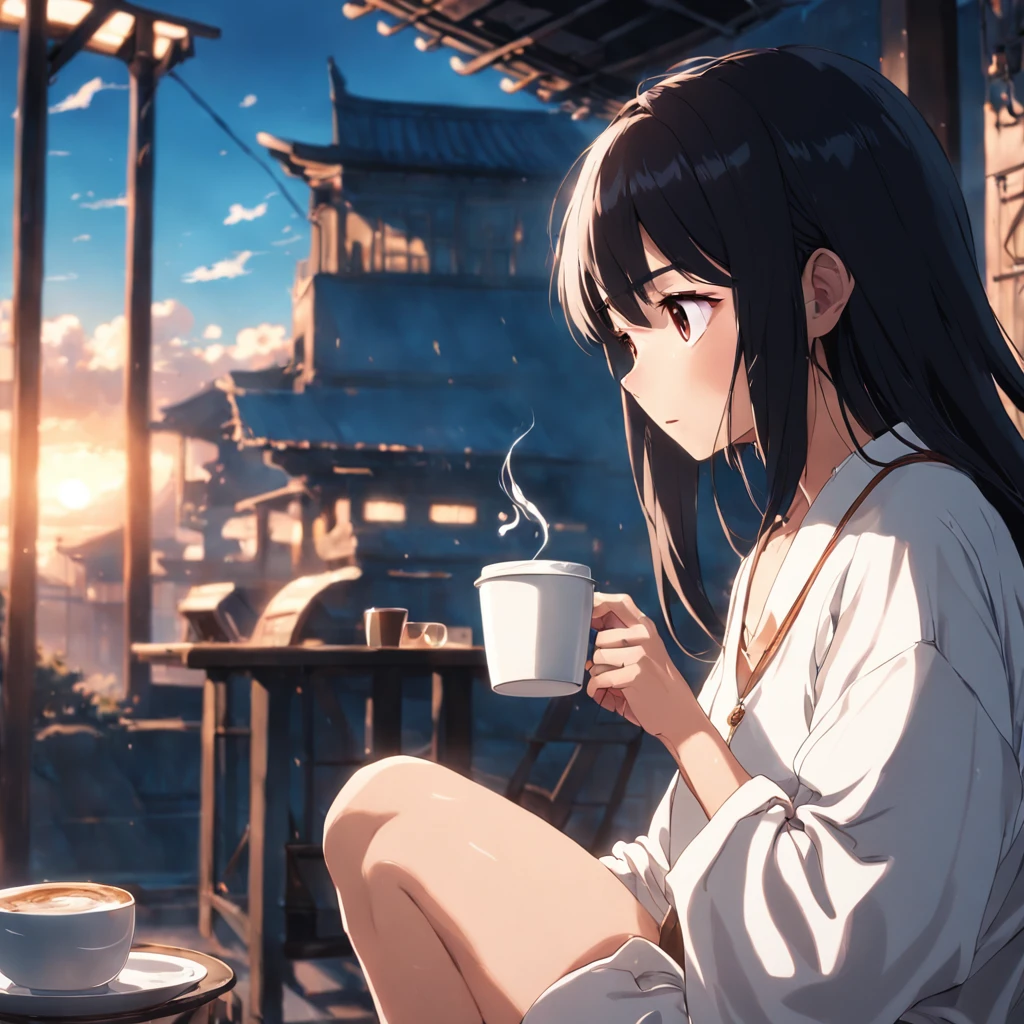 tmasterpiece, best qualtiy, cinematic Film still from, Black hair, White sun hat, leisure wear, With a cup of coffee, Block background