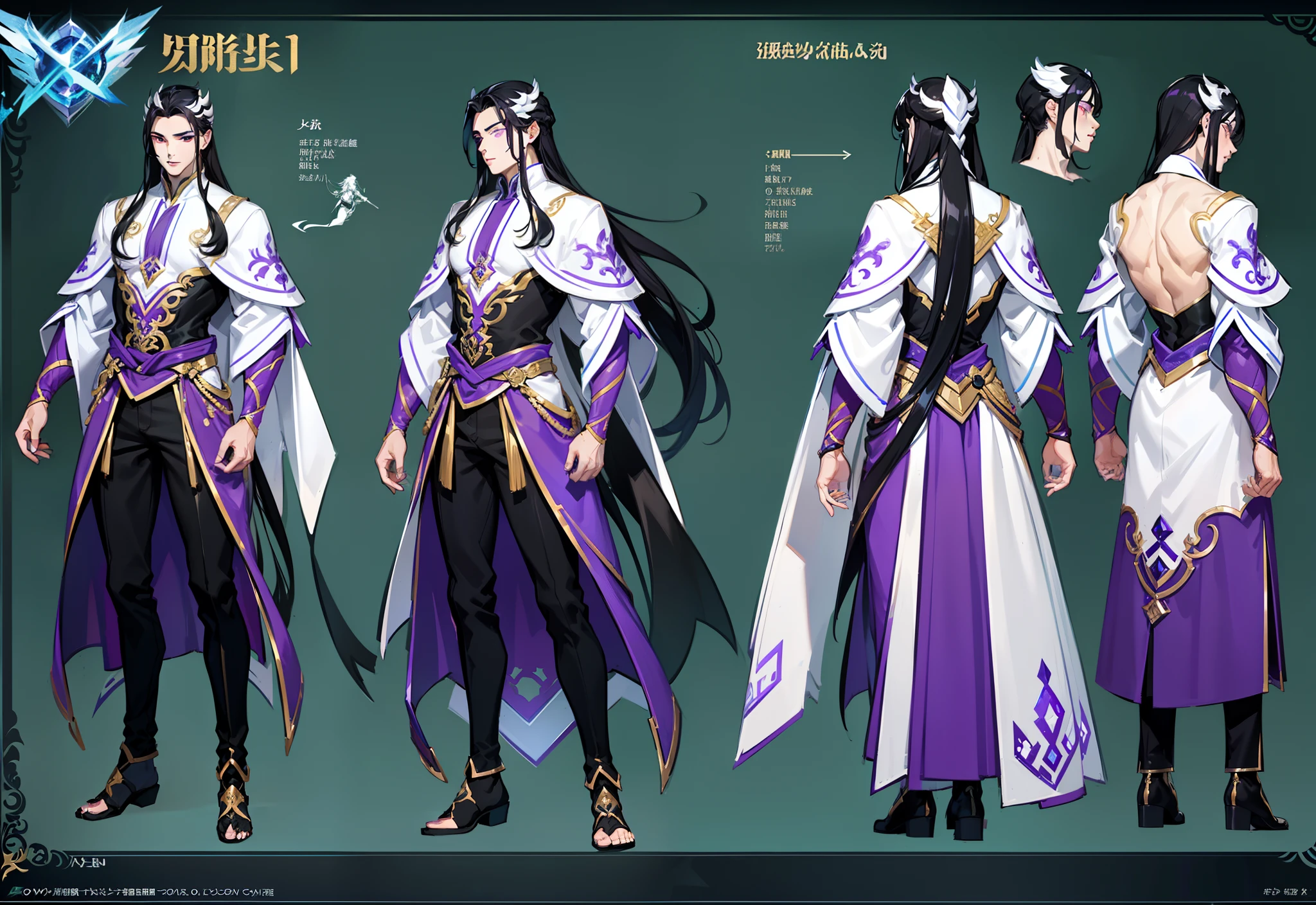 1boy, single, asian boy, reference sheet, character design, front angle, side angle, rear angle, dynamic poses, (masterpiece:1.2), (best quality:1.3), ice fantasy outfit, muscle body, athletic body. (Purple eyes), (long hair), (long bangs), (black  hair), (pale skin),  lean (reference sheet:1.5)