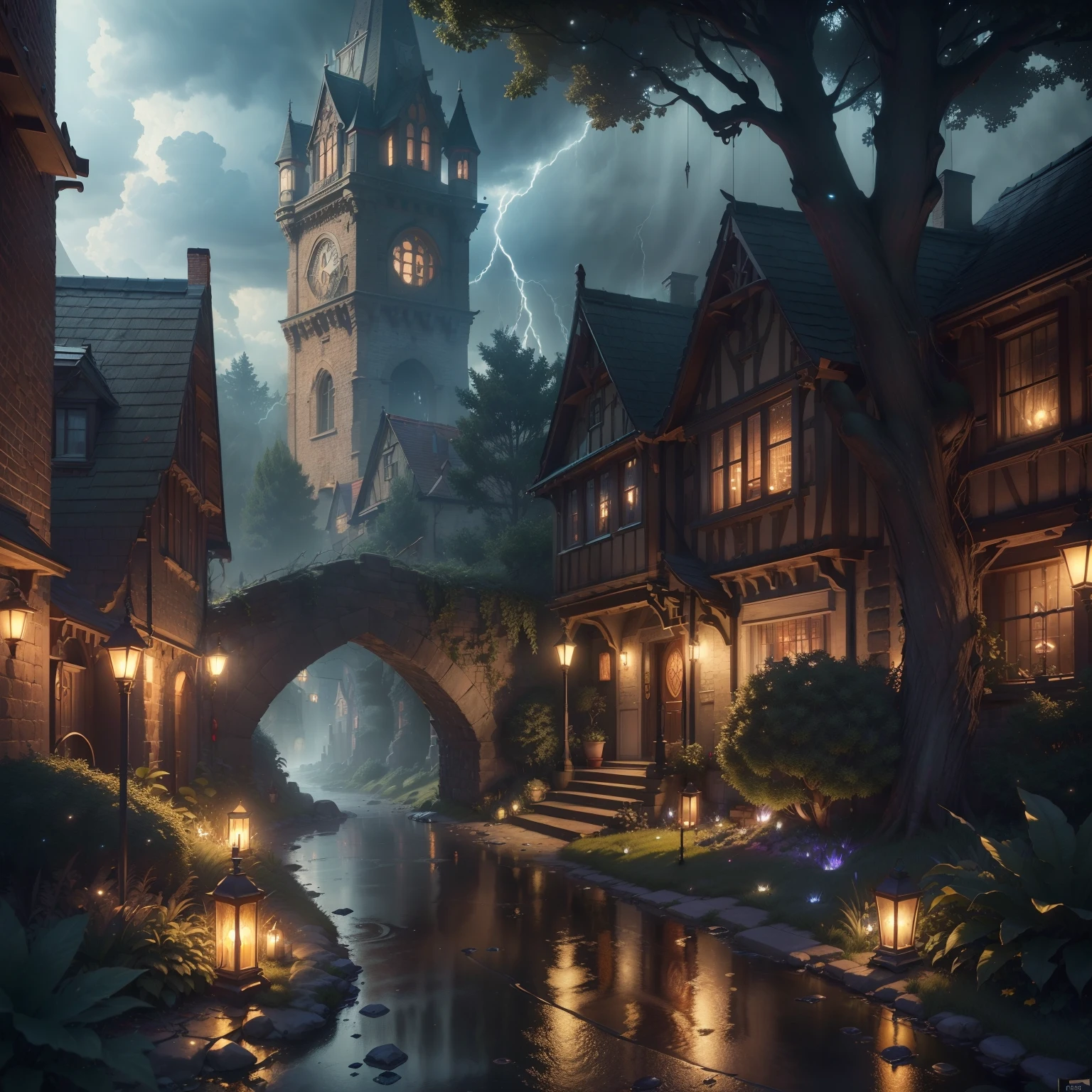 Here's what I got from ChatGPT
(3D style:1.1), (night time:1.1), (thunderstorm:1.1), (red lightnings:1.1), (gruesome village:1.1), (Bridge:1.1), (street view:1.1), (blood running down the street:1.3), (dark Medieval fantasy:1.1), (scary outlines in the windows:1.1), (scary tree:1.1), (cobblestone wall bloodstained:1.1), (medieval frightening houses:1.1), (signs on doors 'for rent':1.1), (torches:1.1), (bloody plants:1.1), (nostalgia:1.1), (surreal:1.1), (rays:1.1), (glittery haze:1.1), (hdr:1.1), (raytracing:1.1), (unreal engine 5:1.1), (8k:1.1), (enchanting:1.1), (masterpiece:2.0), (colored pencil:1.1), (masterful detail:2.0), (luminescent:1.1), (realistic light and shadow:1.1), (realistic light refractions:1.1), (ultra detailed reflections:1.1), (best quality:1.1), (expert attention:1.1), (cinematic:1.1), (movie production quality:1.1), (maximum detail:1.1)