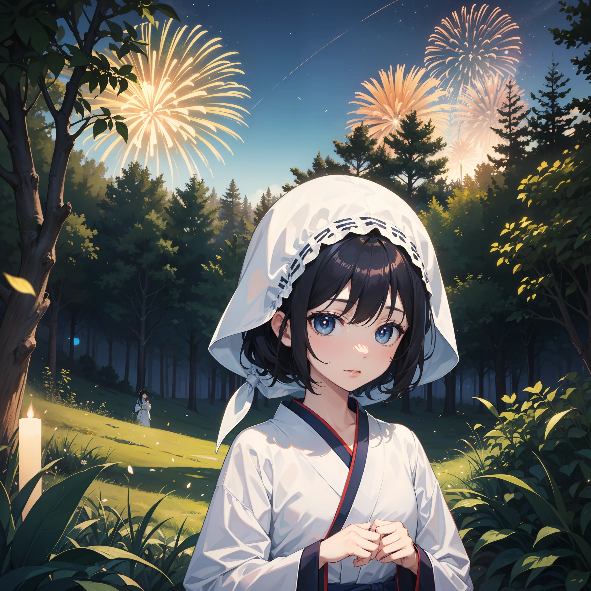 4k画质,1girll,the night,Short dark blue hair,Sky-blue pupils,White kimono girl watching fireworks in woods