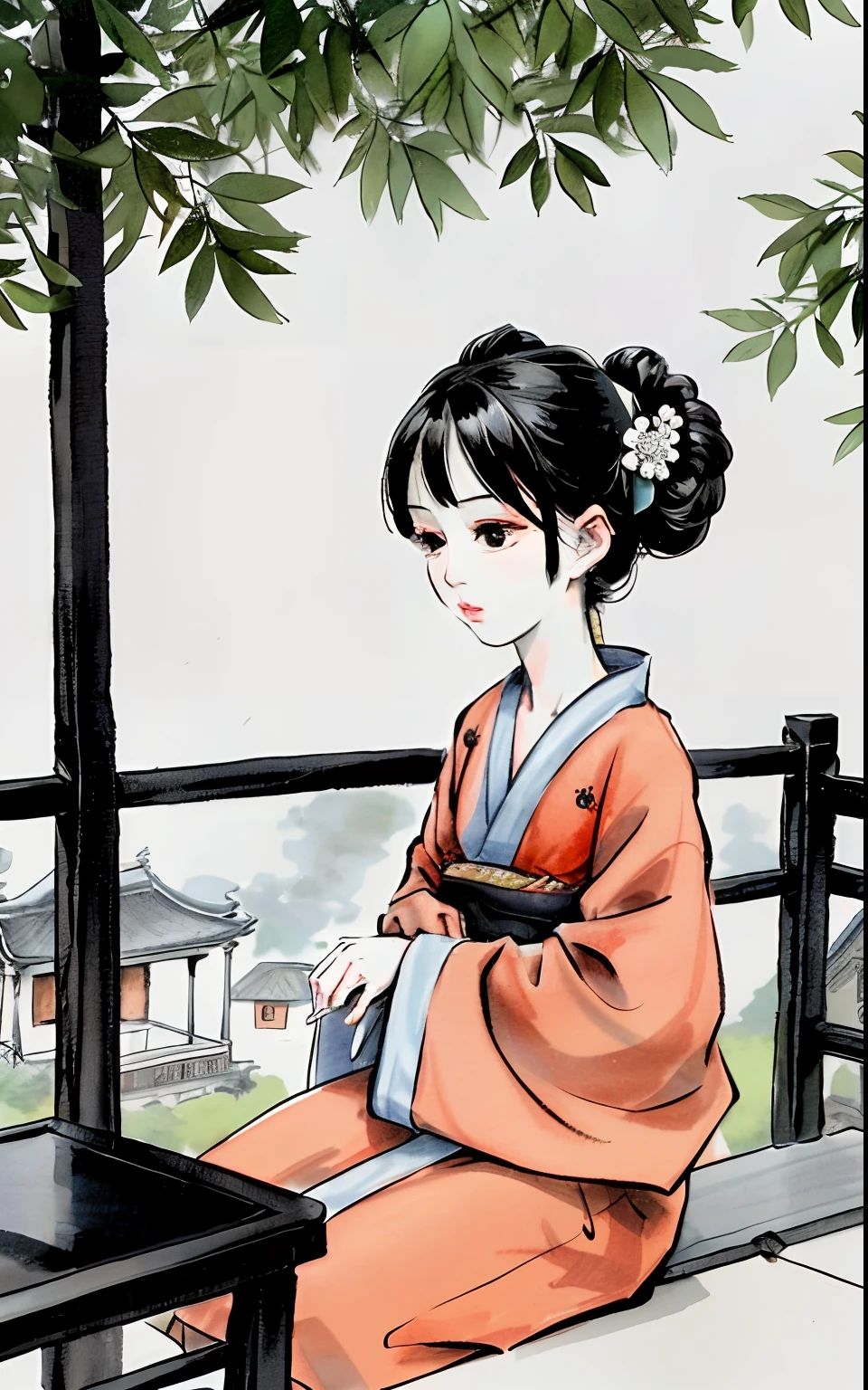 a drawing，A man and a woman sat on a bench, balcony scene, inspired by Shunkōsai Hokushū, inspired by Kanō Hōgai, inspired by Watanabe Shōtei, inspired by Kanō Masanobu, inspired by Eishōsai Chōki, inspired by Koryusai Isoda