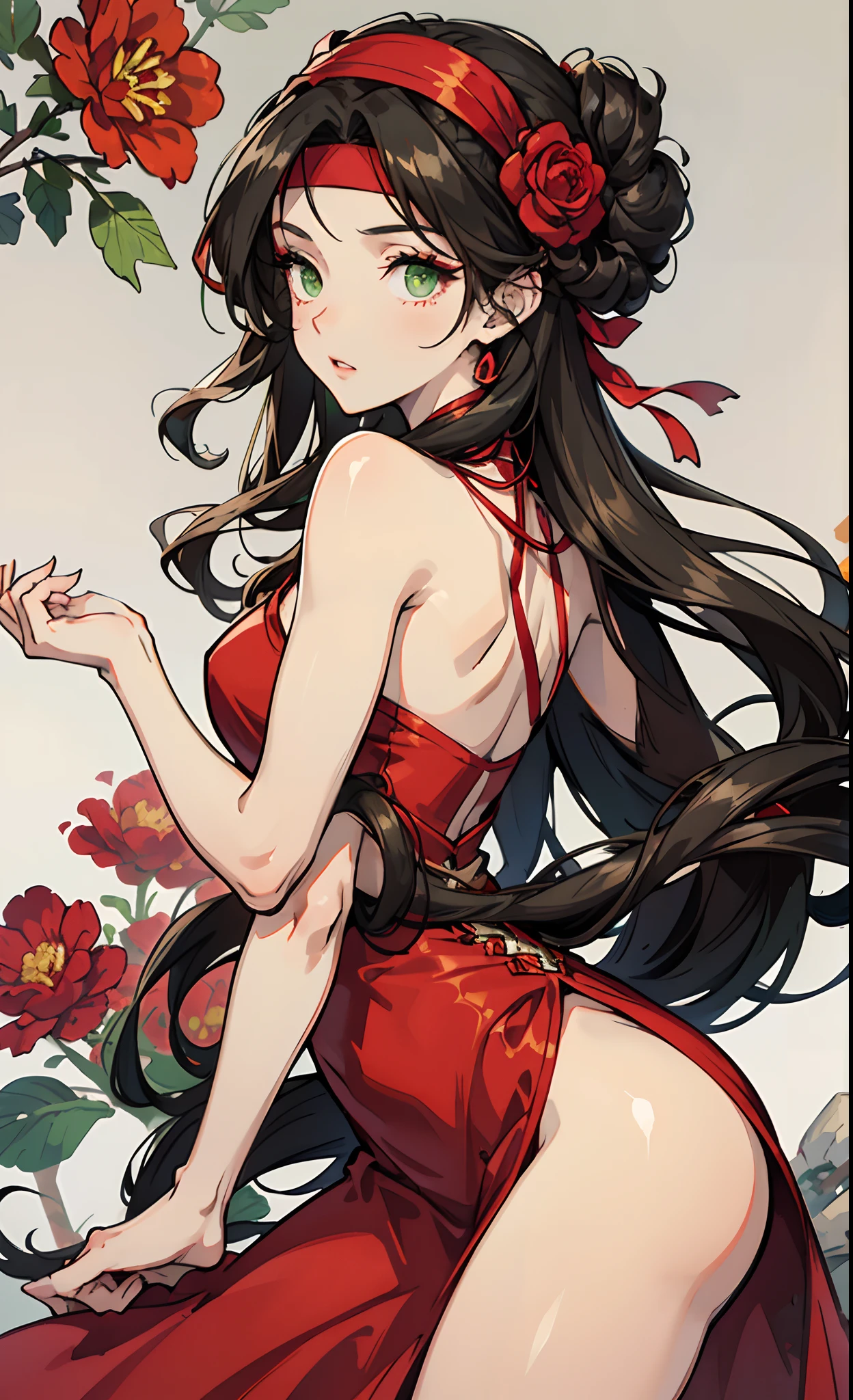 Young brunette woman, radiant green eyes, long curly black hair, toned body, red dress, headband with red flowers.