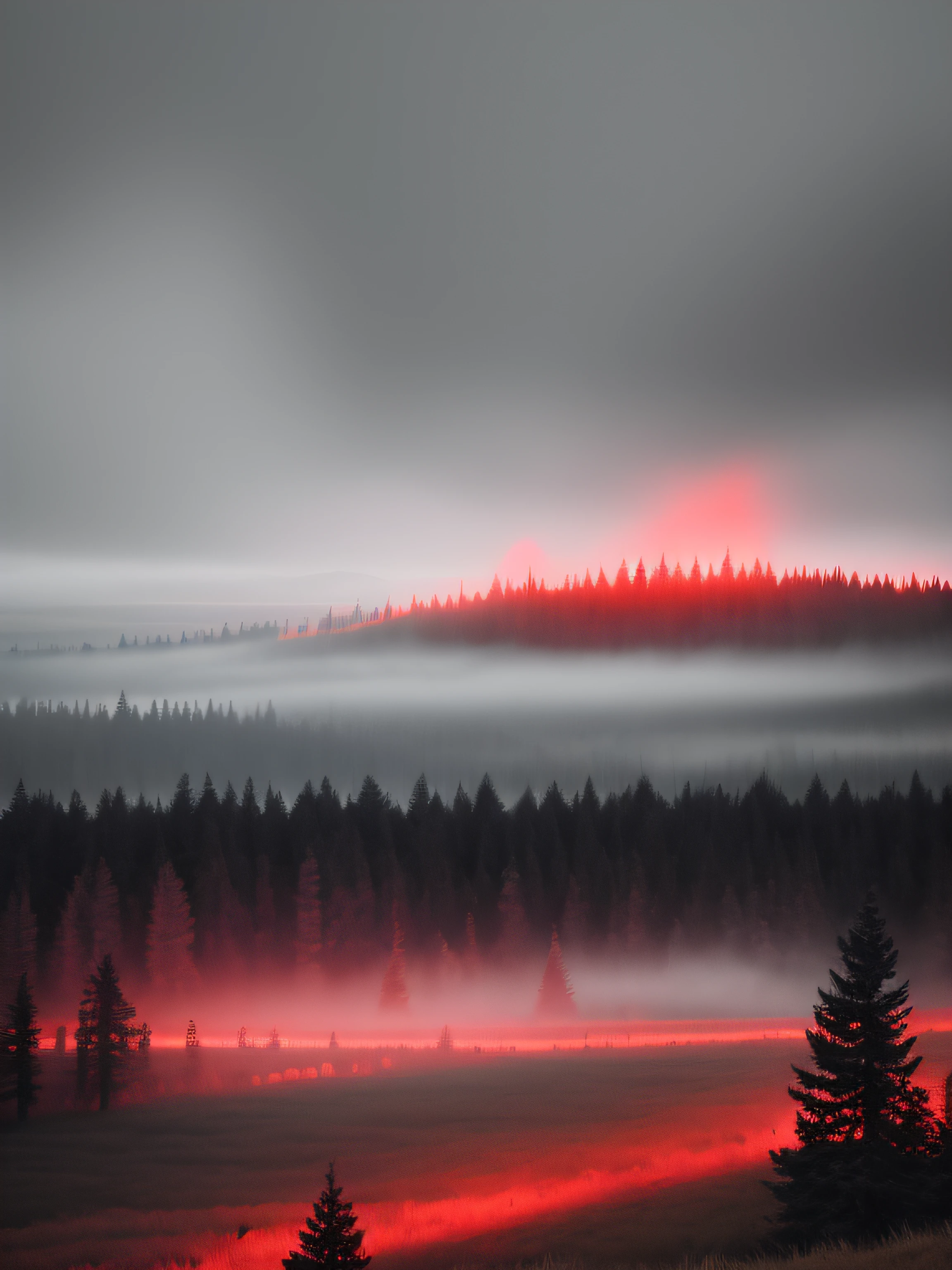 A red glowing forest with fog, in iceland, in rhe raining forest, dark theme, 8k, ultrarealistic