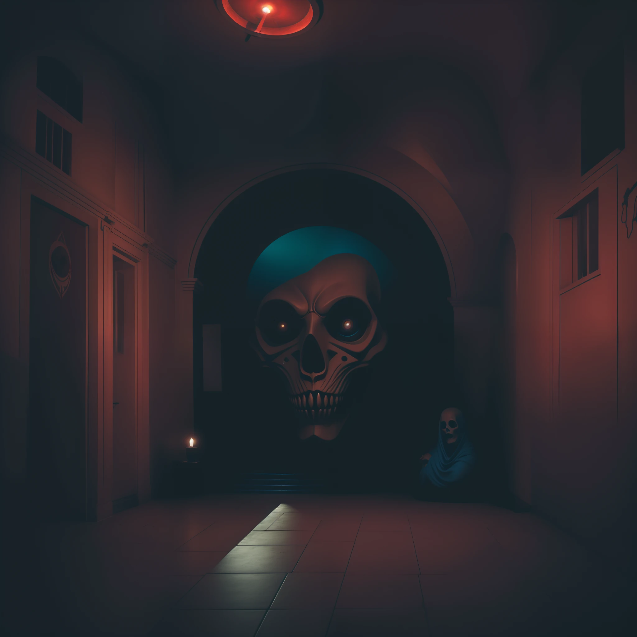 cinematographic scene, horror, Psychological thriller, Demons and ghosts move towards a haunted house, capturado com Canon EOS 5D Mark IV, german expresionism, Surrealismo, Arquitetura inspirada em Art Deco e Art Nouveau, dramatic lighting, contrastes fortes, Perspectivas distorcidas, formas angulares, close-up extremo, Assombrando, estranho, macabro, Sonho, circunstanciado, Organic, Misterioso, wistful, Inquietante,  preenchimento de cor azul escuro, vermelho escuro, branco escuro