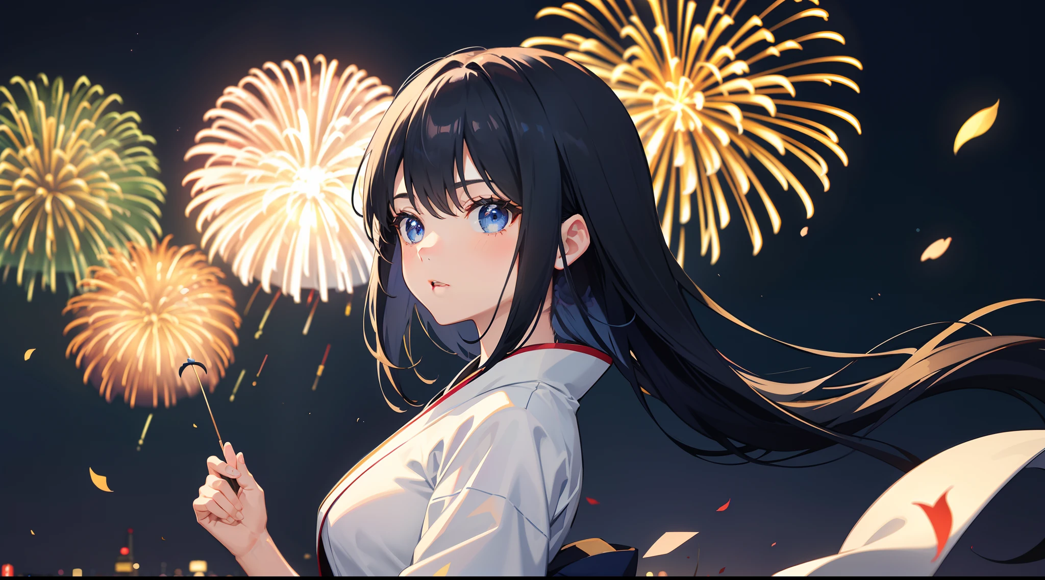 the night,Short dark blue hair,Sky blue eyes white kimono girl watching fireworks by grove