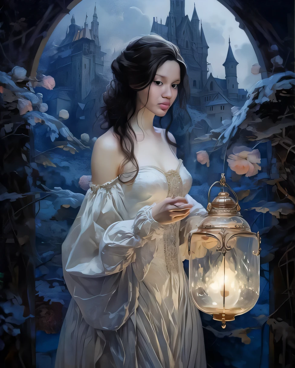 Mulher em um vestido branco segurando uma lanterna na frente de um castelo, menina sob a lanterna, fantasia arte vitoriana, bela arte de fantasia, Magali Villeneuve», pintura de fantasia bonita, pintura de personagem bonita, linda donzela fantasia, retrato bonito da arte da fantasia, Neoartcore e Charlie Bowater, Arte de Edouard Bisson, arte de fantasia muito bonita, pintura de fantasia realista