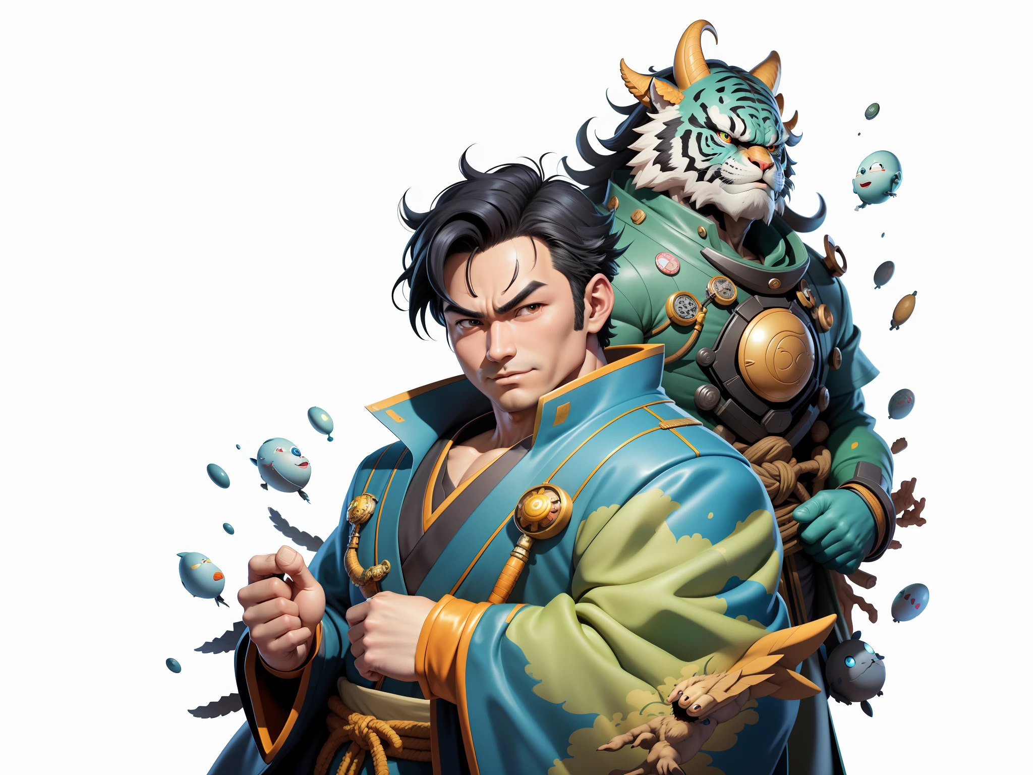(Masterpiece), (Excellent), (Super Meticulous), (Full Body: 1.2), Super Young Man, Oriental Face, Japanese Kimono, Japanese Wind Thunder God, Dragon, Tiger, TV Anchor, Bust Portrait Illustration, Alone, Black Suit, Blue Tie, Slightly Chubby Face, Very Clean Face, No Beard, Black Super Short Hair, Black Eyes, Confident Smile, 3c Computer Sub-Products, iPad, iPhone, Digital Painting, 3D Character Design by Akira Toriyama and Mark Claireden and Pixar and Hayao Miyazaki, The illustration is a high-definition illustration in 4K resolution with very detailed facial features and cartoon-style visuals.