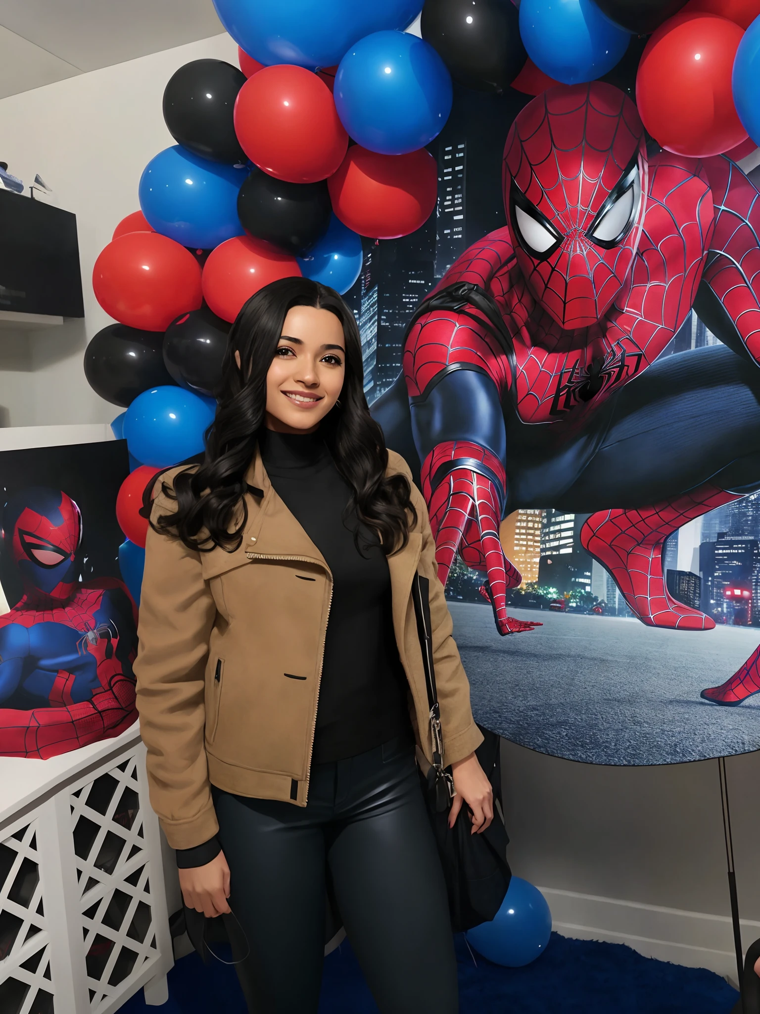Araffe woman standing in front of a spider - man balloon bow, Spiderman!!, Spiderman, ( ( Mulher-Aranha ) ), 1614572159, Mulher-Aranha!!, Mulher-Aranha!!!!!, imagem de perfil, Homem-Aranha, aranha - homem, Mulher Aranha, Imagem, foto do perfil, by Amelia Peláez, Miles Morales!!!