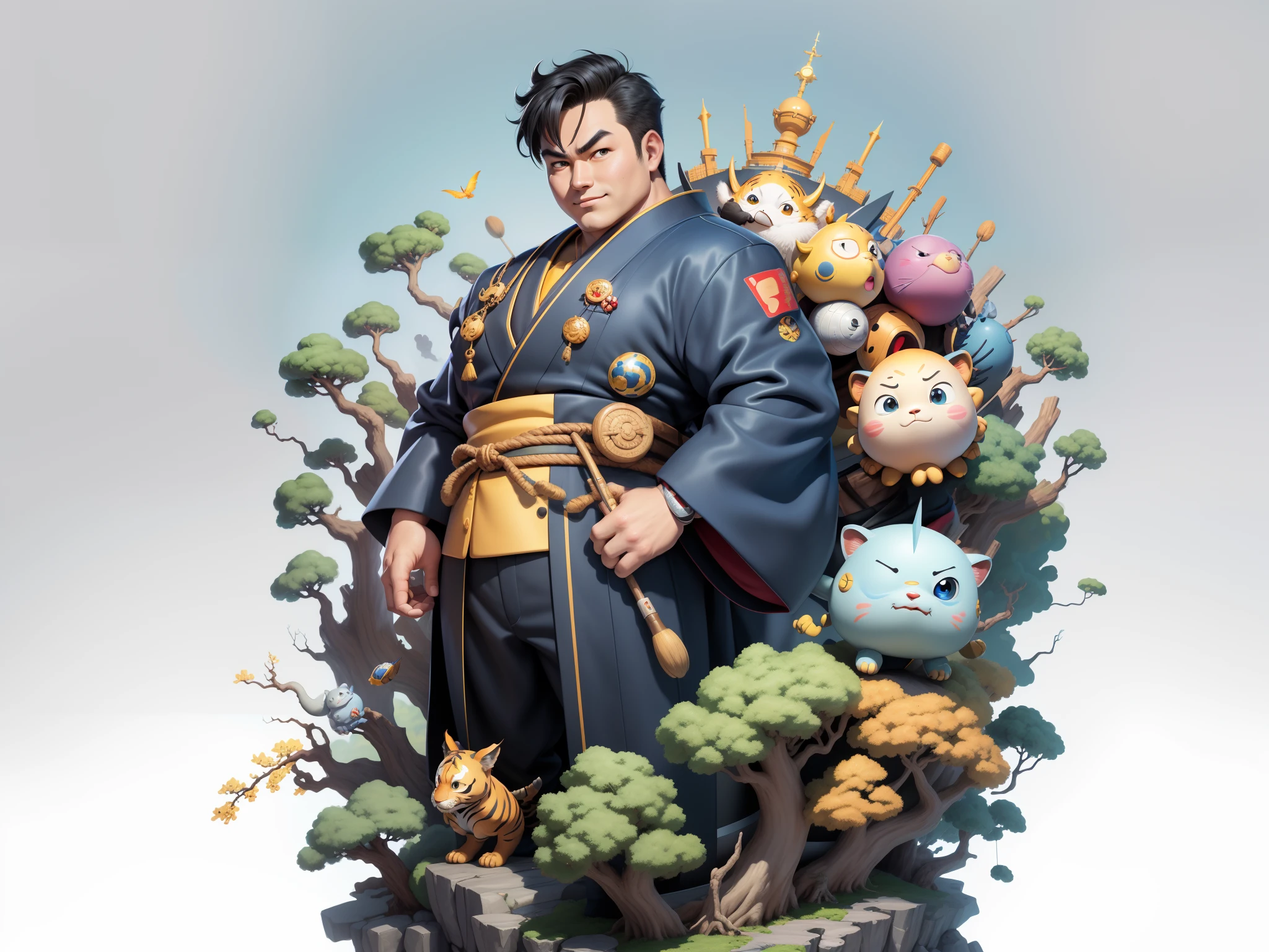 (Masterpiece), (Excellent), (Super Meticulous), (Full Body: 1.2), Super Young Man, Oriental Face, Japanese Kimono, Japanese Wind Thunder God, Dragon, Tiger, TV Anchor, Bust Portrait Illustration, Alone, Black Suit, Blue Tie, Slightly Chubby Face, Very Clean Face, No Beard, Black Super Short Hair, Black Eyes, Confident Smile, 3c Computer Sub-Products, iPad, iPhone, Digital Painting, 3D Character Design by Akira Toriyama and Mark Claireden and Pixar and Hayao Miyazaki, The illustration is a high-definition illustration in 4K resolution with very detailed facial features and cartoon-style visuals.