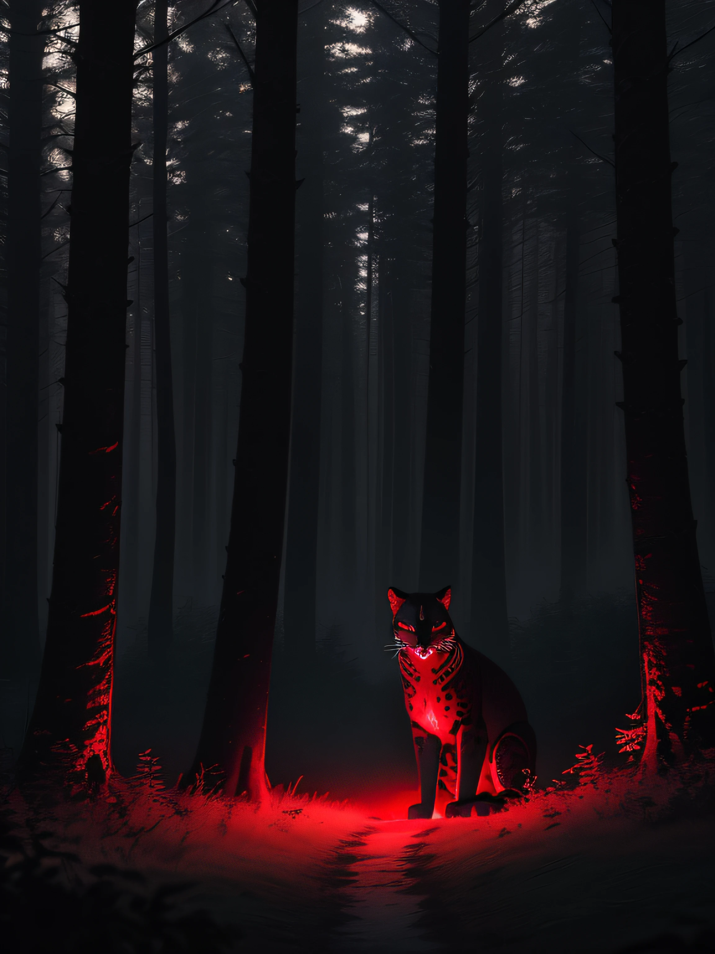 A red glowing black jaguar shadow in the forest with fog, in iceland, in rhe raining forest, dark theme, 8k, ultrarealistic