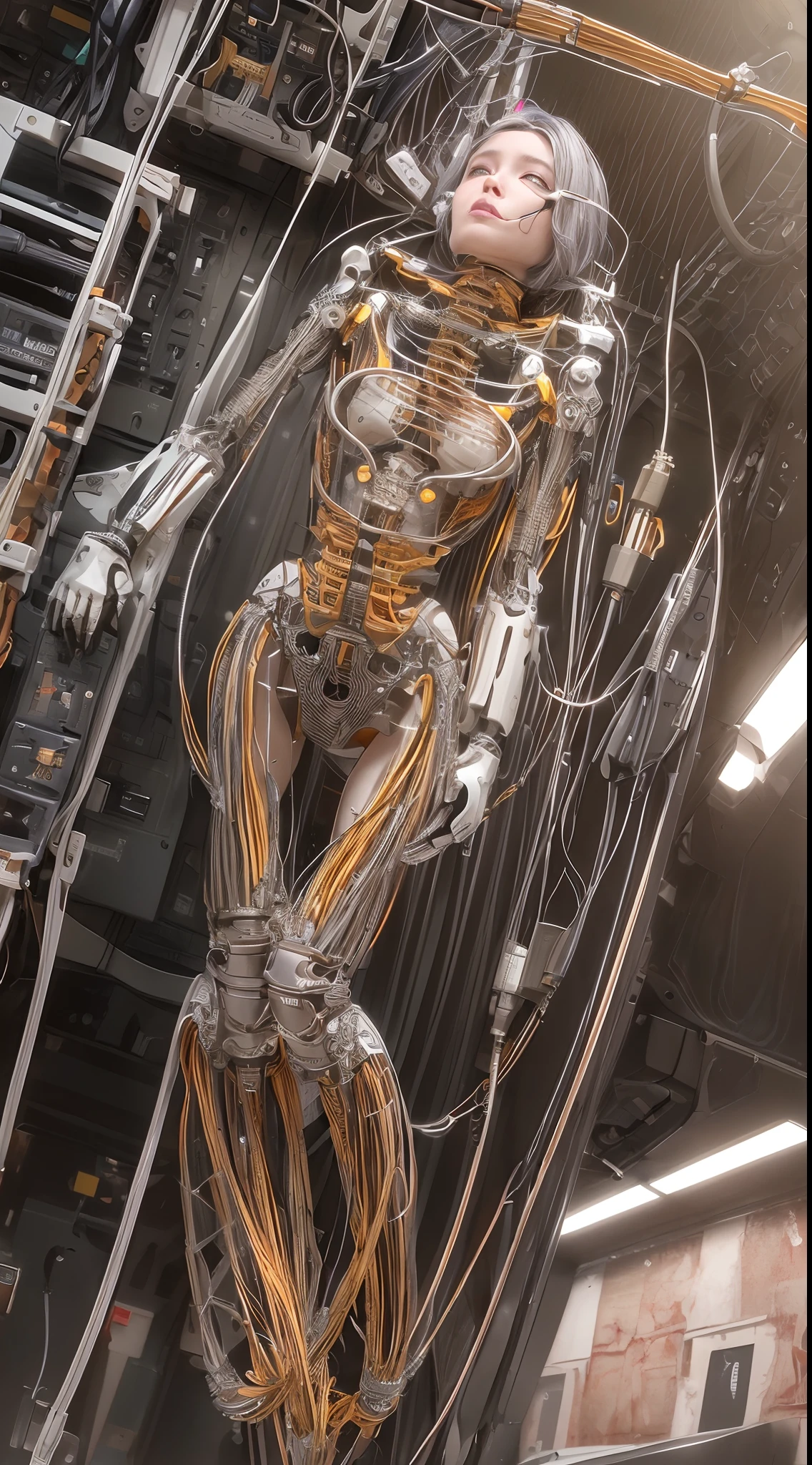 Full body like，(((masterpiece))), (((best quality))), ((ultra-detailed)), (CG illustration), ((an extremely devious and beautiful)),cinematic light ,((1 mechanical girl)),solo person,(Machine-made joints:1.4),((Mechanical limb)),(Blood vessels connected to the tube),((The mechanical spine is attached to the back)),((The mechanical cervical vertebrae are attached to the neck),((facing away from the audience)),face expressionless,(Wires and cables are attached to the head and body:1.5),sci-fy,Eschatological,废墟