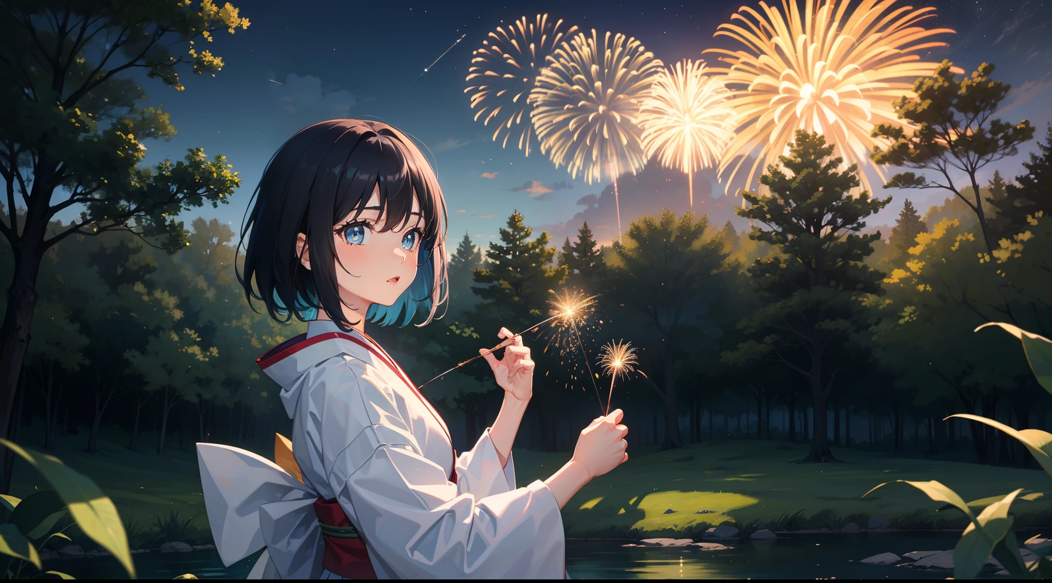 1girl,the night,Short dark blue hair,Sky-blue pupils,White kimono girl watching fireworks in woods