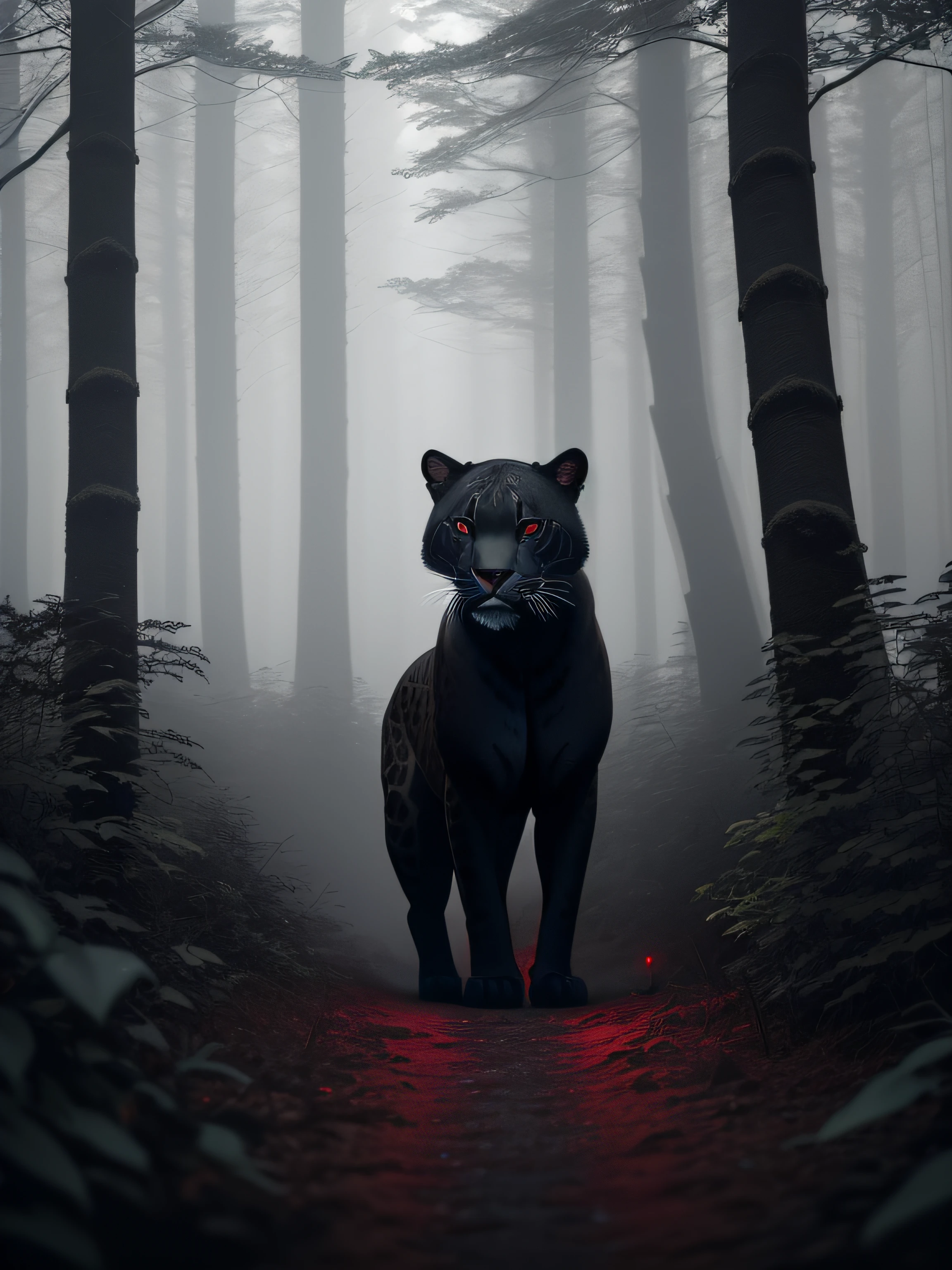 A red glowing black jaguar shadow in the forest with fog, in iceland, in rhe raining forest, dark theme, 8k, ultrarealistic