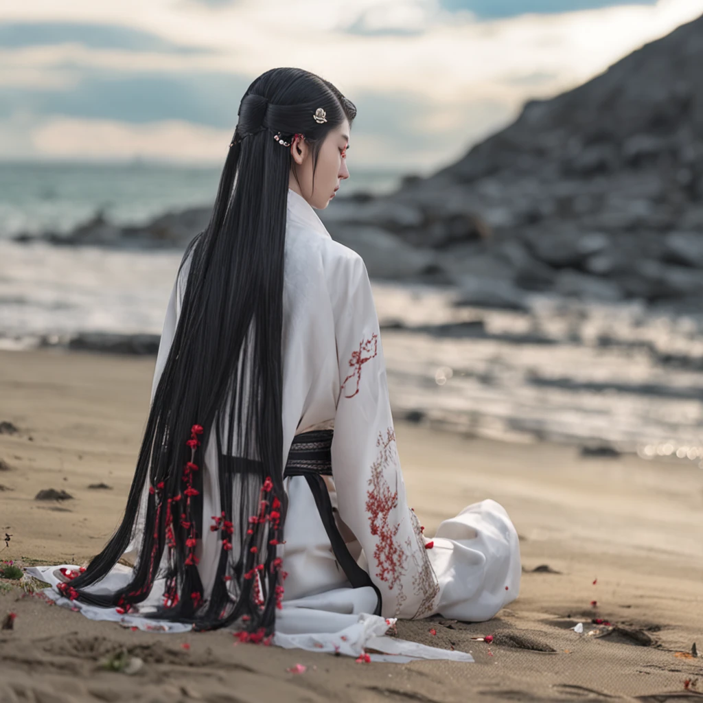 Kizi，long braid，Black color hair，White-colored skin，full bodyesbian，Hanfu，Black eyes，beachside，Need，