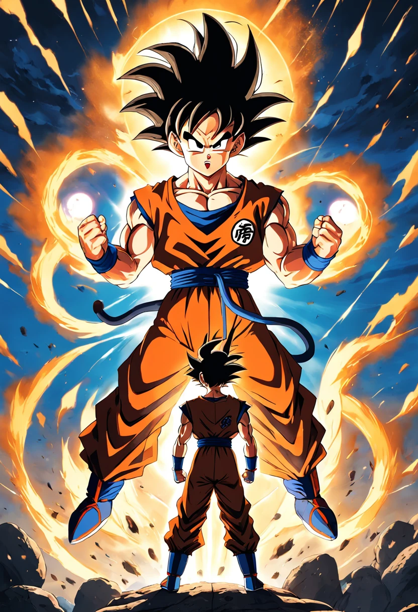 "Create a dynamic movie poster in the iconic style of Akira Toriyama's Dragon Ball Z, showcasing Goku's epic battle."