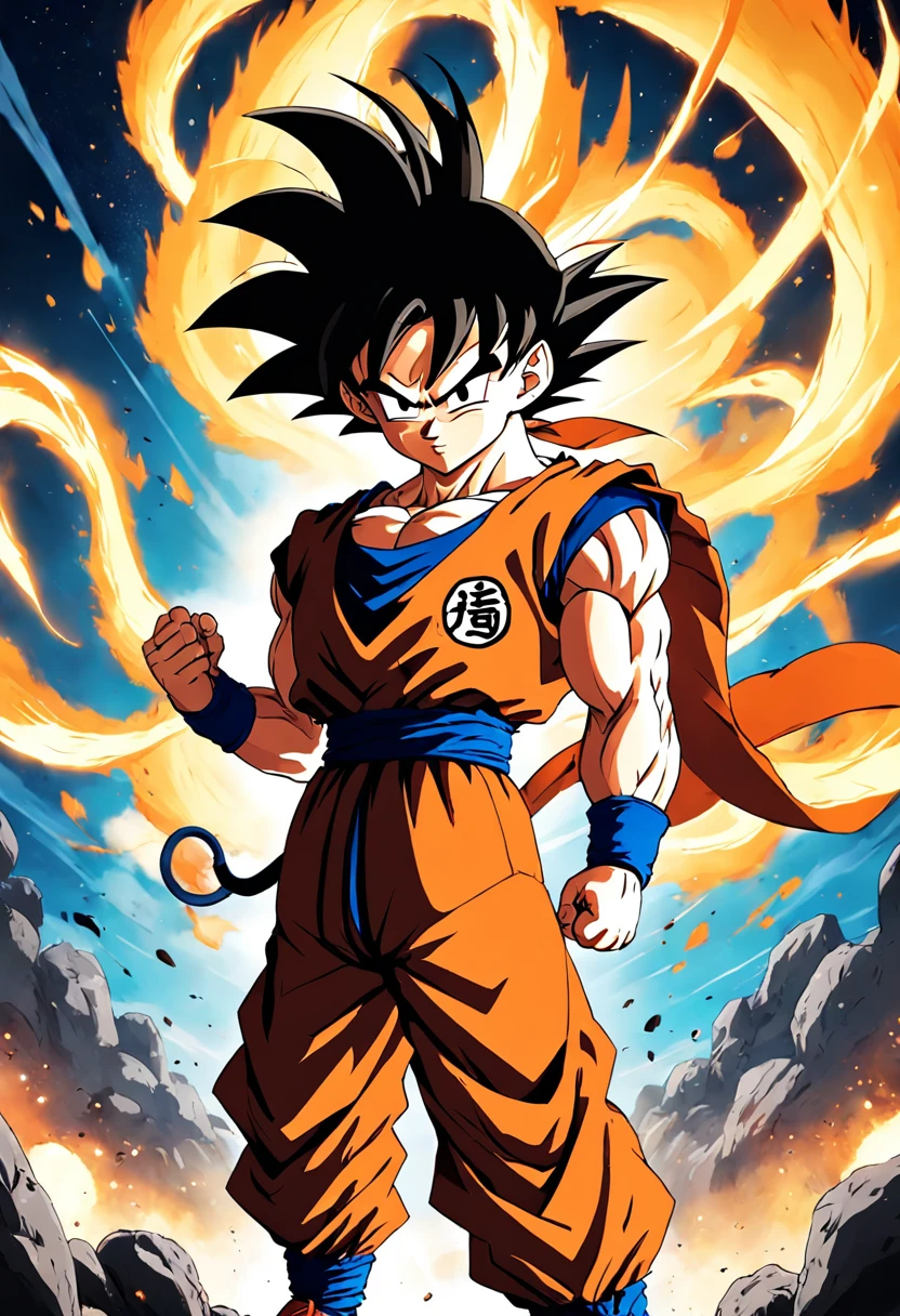 "Create a dynamic movie poster in the iconic style of Akira Toriyama's Dragon Ball Z, showcasing Goku's epic battle."