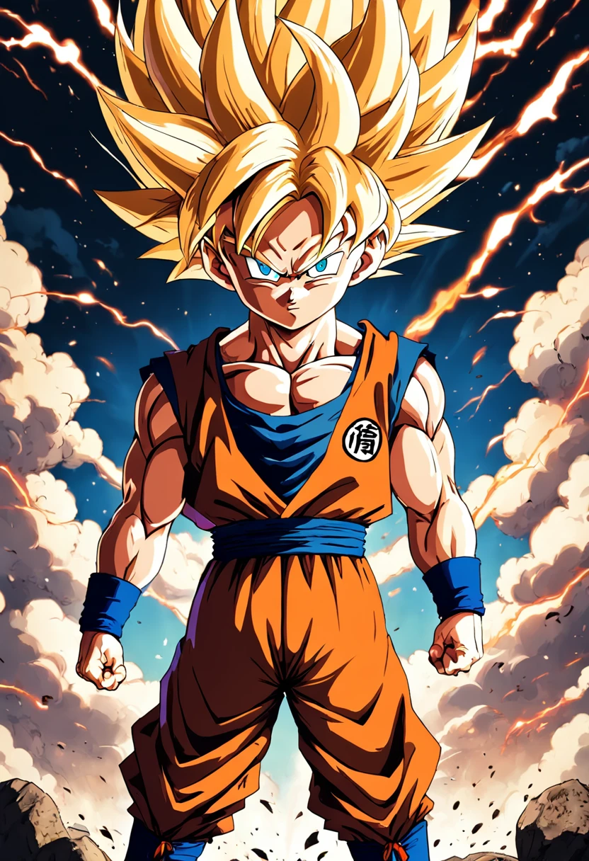 "Create a dynamic movie poster in the iconic style of Akira Toriyama's Dragon Ball Z, showcasing Goku's epic battle."