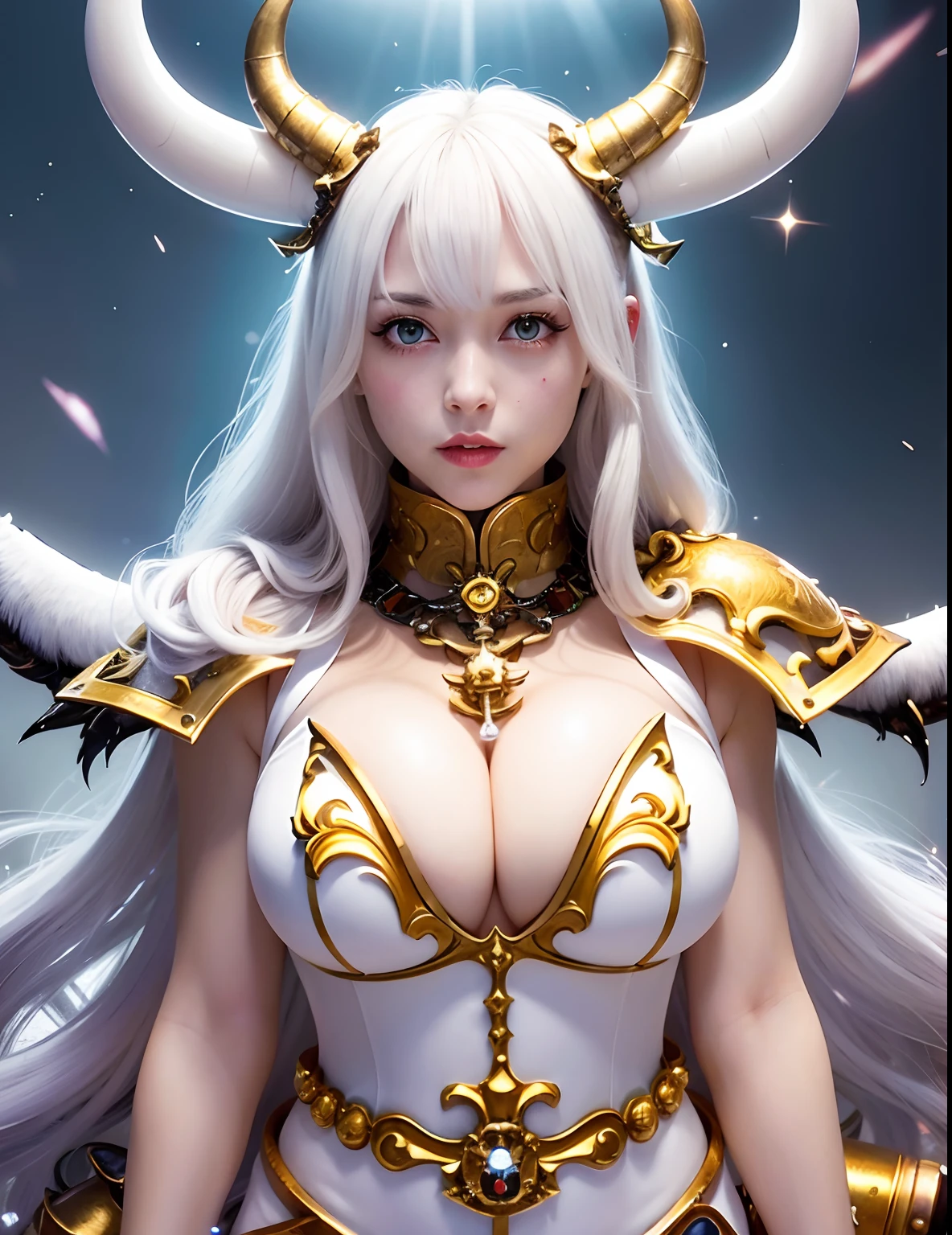 Professional , masterpiece、top-quality、photos realistic , depth of fields 、(White Gemstone Body:1.9),(Matte White、(cleavage of the breast)、Jewel Gold Weapon、Particles of light、Gemstone Body White:1.4),Gorgeous gold weapons ,(( Dragon dense and gorgeous dragon sword)) , (demonic wings) ,warhammer 40k 、((White hair))、(Castle background)、(demonic wings)、((Gangle's forest background))、Beautiful Caucasian beauty、1a person、dynamic ungle,(((Two devil's horns on the head)))、Smaller head、Idle Smile、Thin and beautiful female hands、cleavage of the breast、Mystical expression、Light Effects、intense fighting、Wind-effect、magic circles、With the legendary magic wand、Dragon's tail、White tattoos all over the body、
