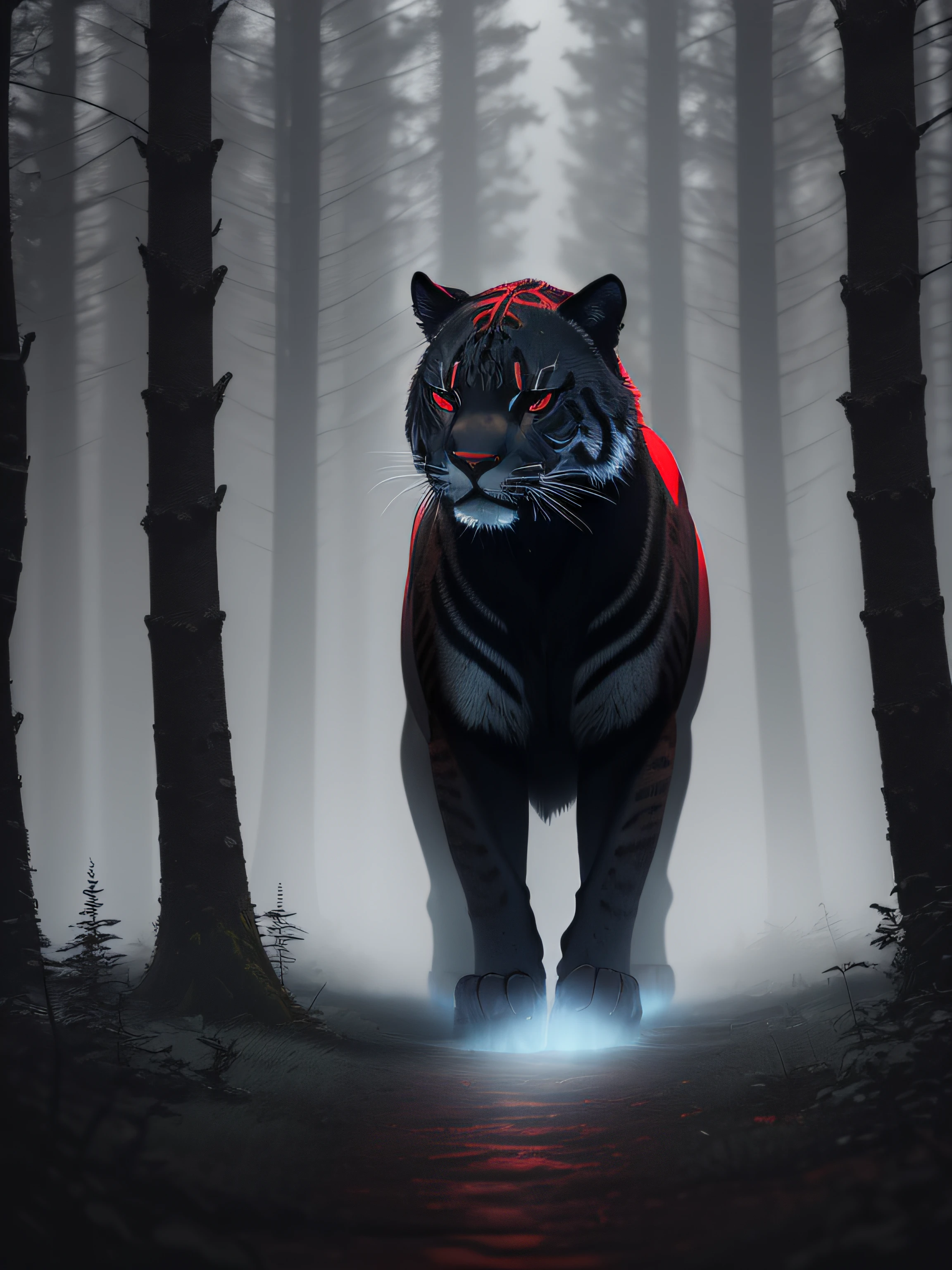 A red glowing black dark jaguar shadow in the forest with fog, in iceland, in rhe raining forest, dark theme, 8k, ultrarealistic