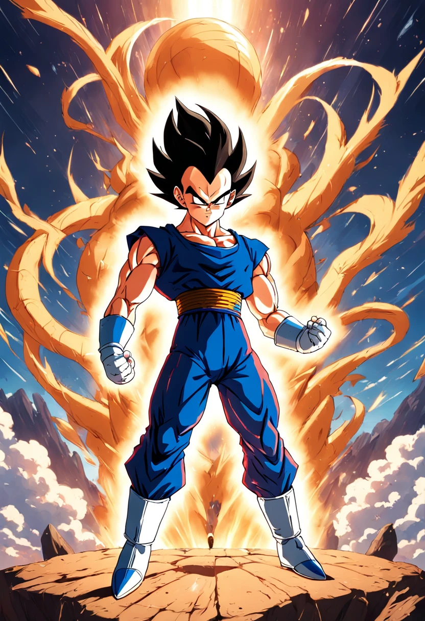 "Create a dynamic movie poster in the iconic style of Akira Toriyama's Dragon Ball Z, showcasing Prince Vegeta."