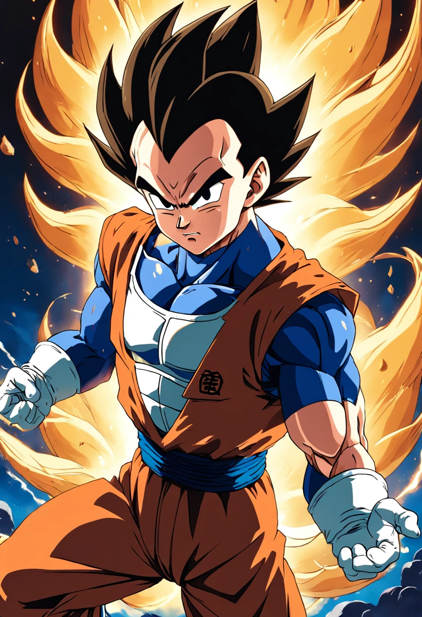 "Create a dynamic movie poster in the iconic style of Akira Toriyama's Dragon Ball Z, showcasing Prince Vegeta."