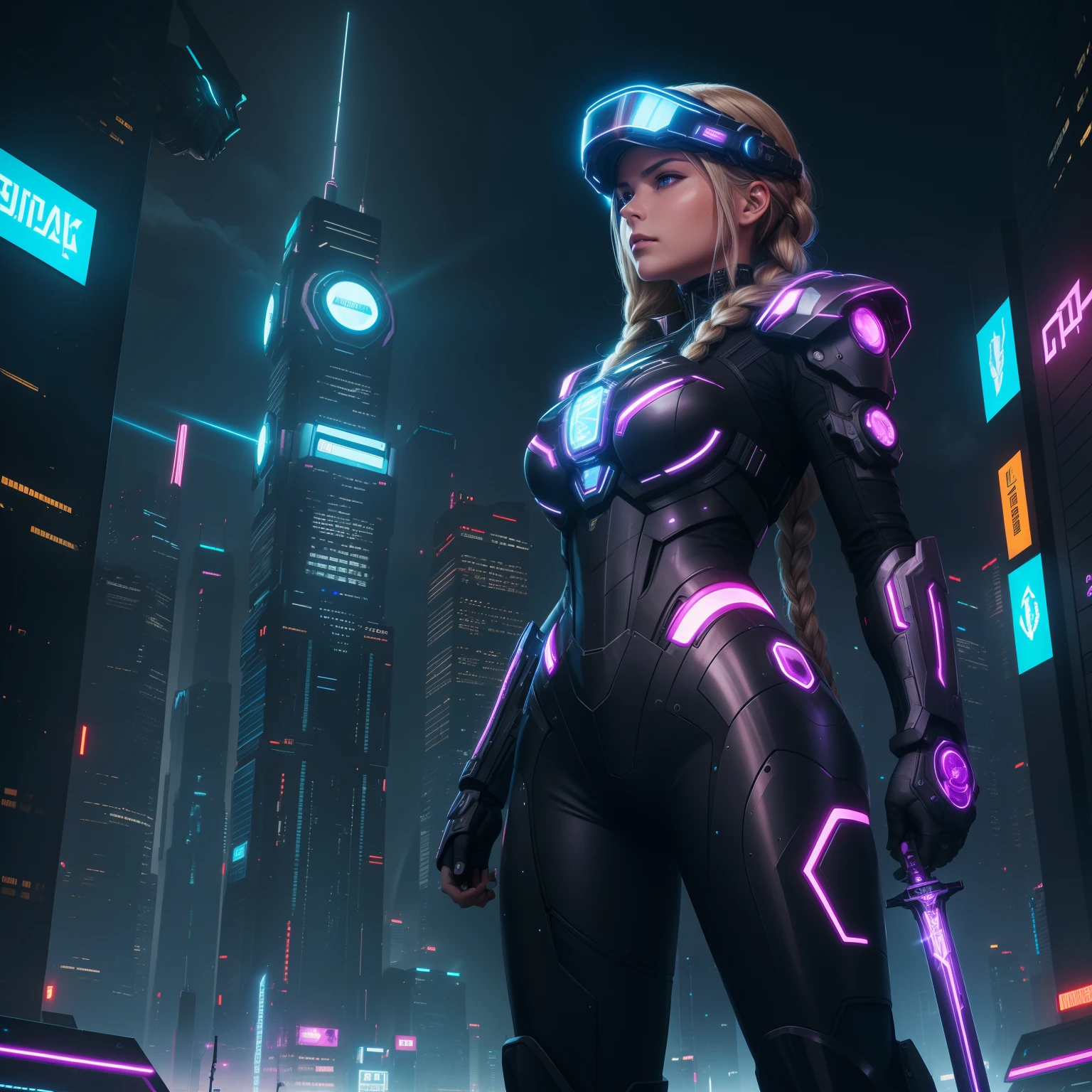 masterpiece, best quality, ultra-detailed, illustration, 1girl, solo, standing, confident, serious expression, cyberpunk, paladin, sword, metallic, high-tech, cybernetic armor, bright lights, neon, wires, cables, circuits, circuitry, visor, helmet, cybernetic limbs, long hair, blonde, hair styled in a braid, flowing in the wind, futuristic cityscape, towering skyscrapers, flying vehicles, holograms, tech noir, laser beams, power armor, glowing power sword, action pose, ready to fight, intensity, defending the city, night scene, city lights, cyberpunk aesthetic