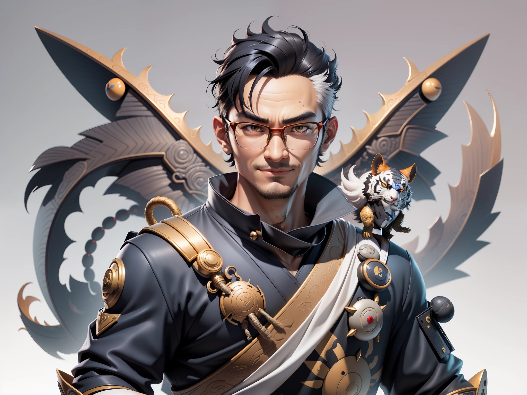 (Masterpiece), (Excellent), (Super Meticulous), (Full Body: 1.2), Super Young Man with Japanese Female Geisha, Pretty, Beautiful, Chinese Dragon, Tiger, Wind God Thor, Sexy, Bursting, Oriental Face, TV Anchor, Bust Portrait Illustration, Black Suit, Blue Tie, Slightly Chubby Face, Silver Glasses, Very Clean Face, No Beard on Chin, Black Super Short Hair, Black Eyes, Confident Smile, 3c Computer Sub-Products, iPad, iPhone, Digital Painting, 3D character design by Mark Clairedon and Pixar and Hayao Miyazaki and Akira Toriyama, the illustrations are HD illustrations in 4K resolution with highly detailed facial features and cartoon-style visuals.
