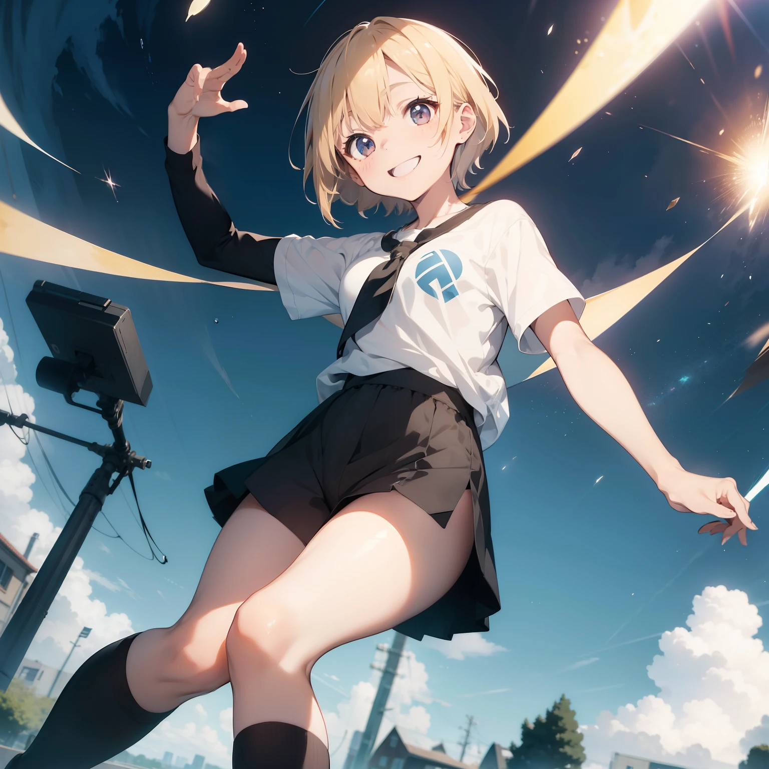 masterpiece、Outstanding works、Beautiful、Definition image quality、realisitic、Cute girl with blonde hair、Boyish impression with short hair、shortpants、Big flashy T-shirt、Black knee-high socks、Happy smile、Bustling background、