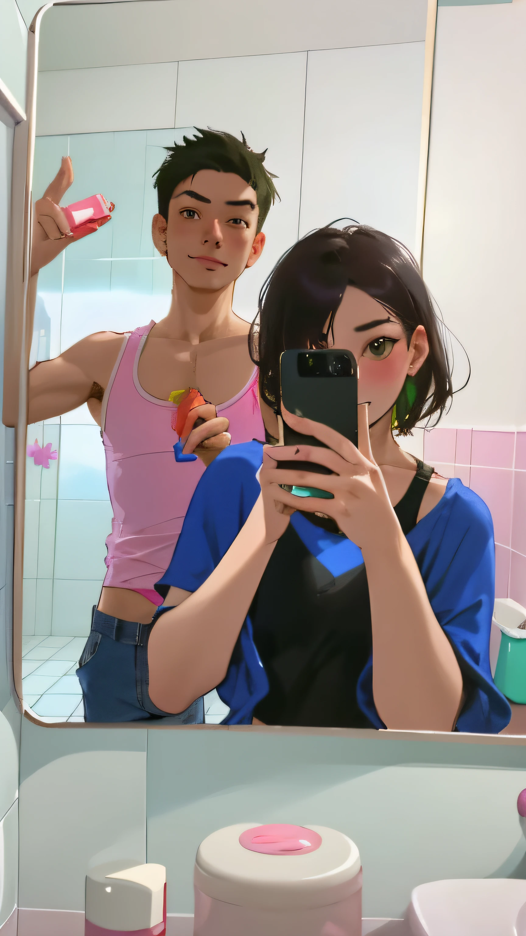 there is a man and woman taking a selfie in the bathroom mirror, shoulders can be seen, 😭🤮 💔, wearing tanktop, ruan jia and brom, mirror selfie, low quality photo, posing together in bra, leaked photo, wearing a low cut tanktop, wearing a tanktop, with her long, leaked image, 😭 🤮 💕 🎀