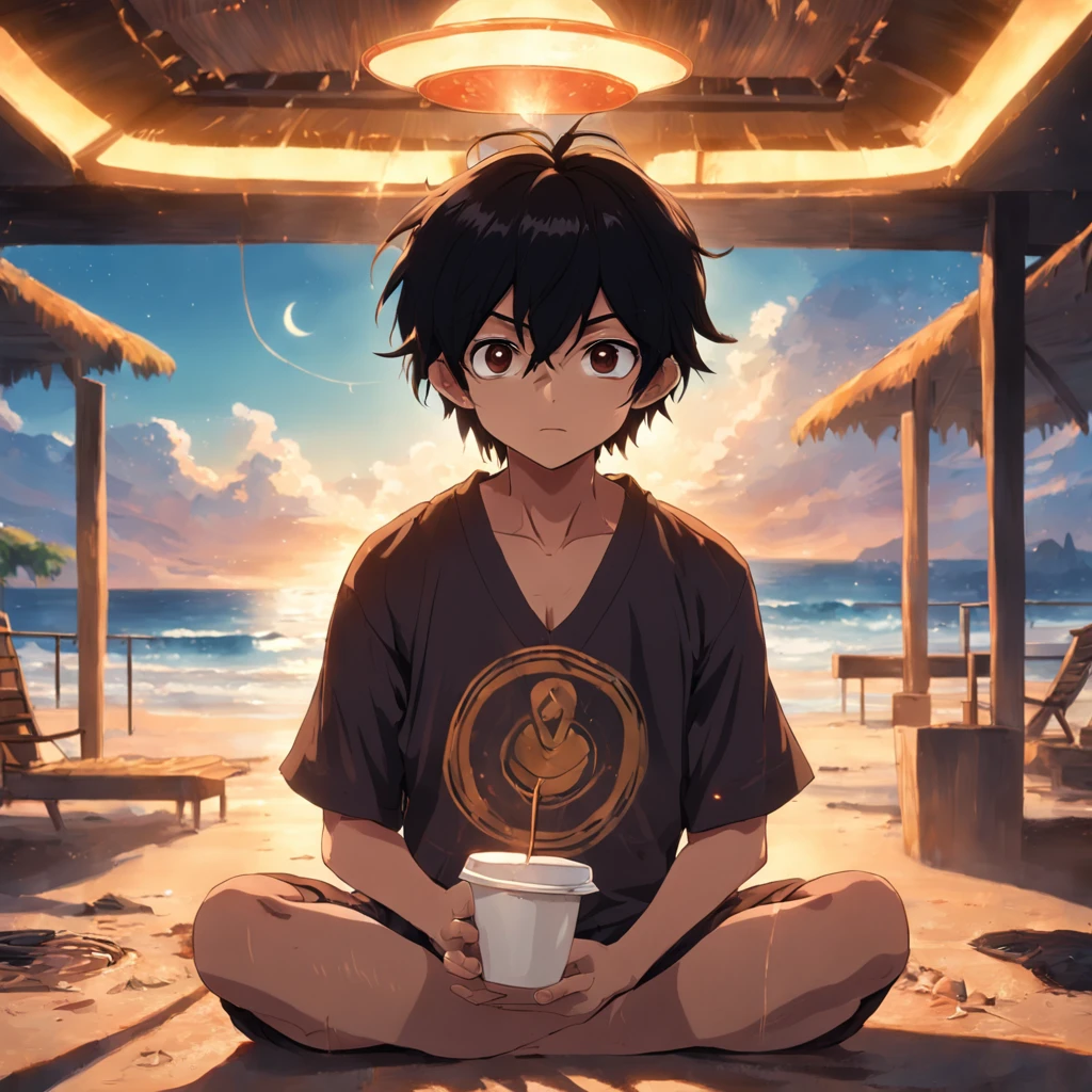tmasterpiece，Best Picture Quality，cinematic Film still from，Black hair，With a sun hat，leisure wear，With a cup of coffee，Block background，Libido boy。