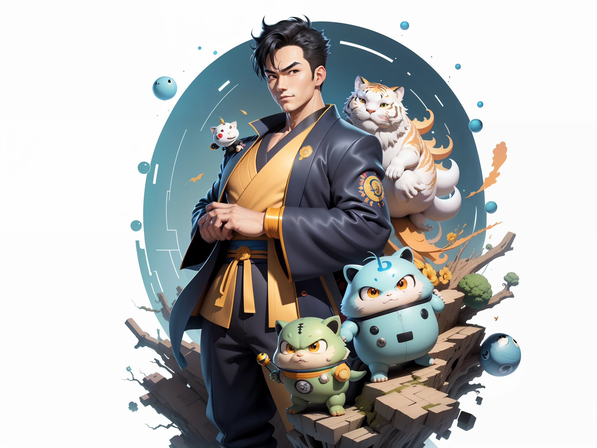 (Masterpiece), (Excellent), (Super Meticulous), (Full Body: 1.2), Super Young Man, Oriental Face, Japanese Kimono, Japanese Wind Thunder God, Dragon, Tiger, TV Anchor, Bust Portrait Illustration, Alone, Black Suit, Blue Tie, Slightly Chubby Face, Very Clean Face, No Beard, Black Super Short Hair, Black Eyes, Confident Smile, 3c Computer Sub-Products, iPad, iPhone, Digital Painting, 3D Character Design by Akira Toriyama and Mark Claireden and Pixar and Hayao Miyazaki, The illustration is a high-definition illustration in 4K resolution with very detailed facial features and cartoon-style visuals.