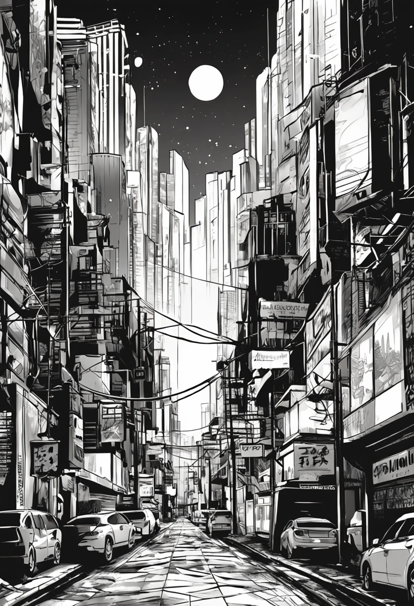 [Create a stunning black and white night cityscape inspired by the style of Sui Ishida's Tokyo Ghoul.]