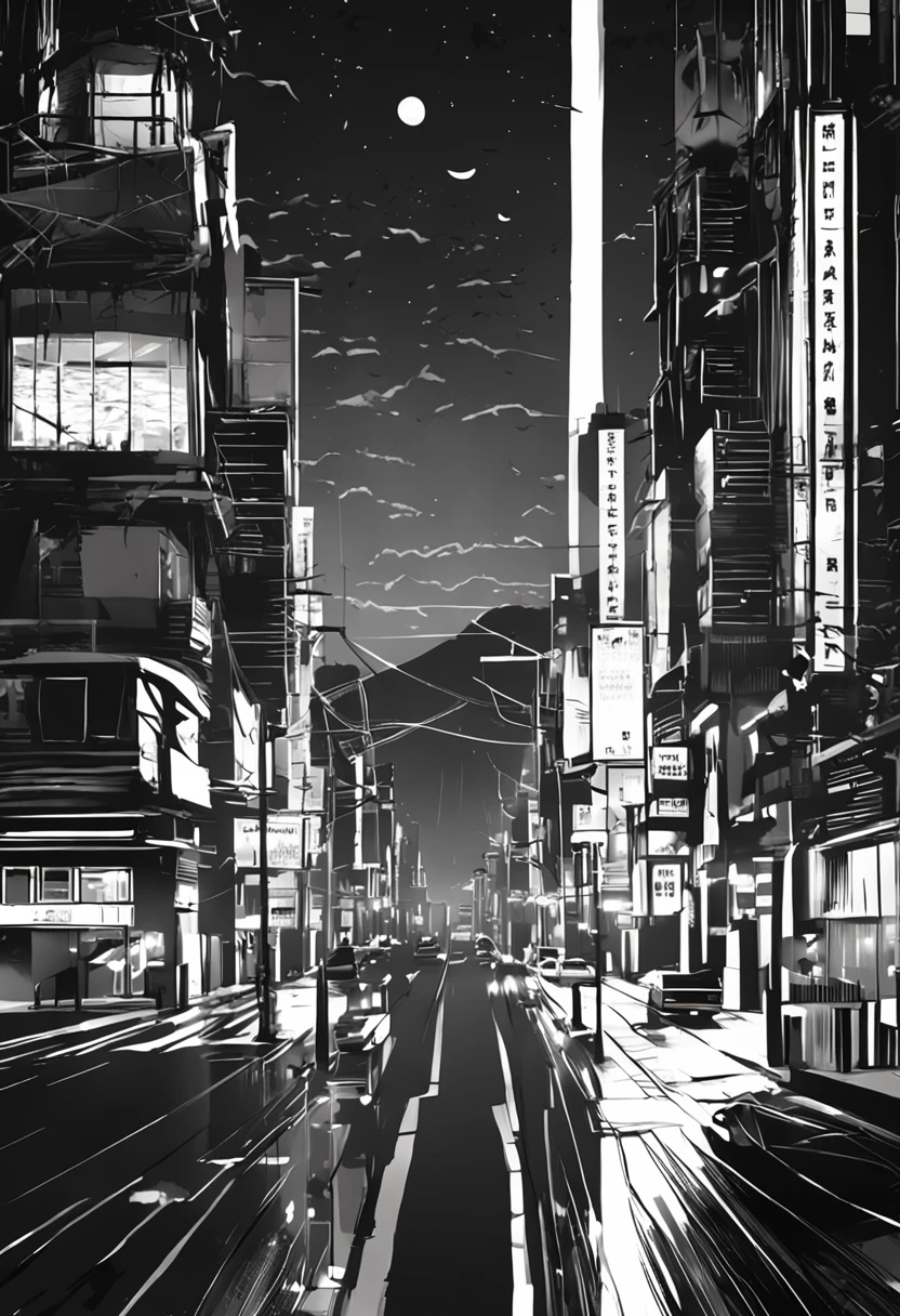 [Create a stunning black and white night cityscape inspired by the style of Sui Ishida's Tokyo Ghoul.]