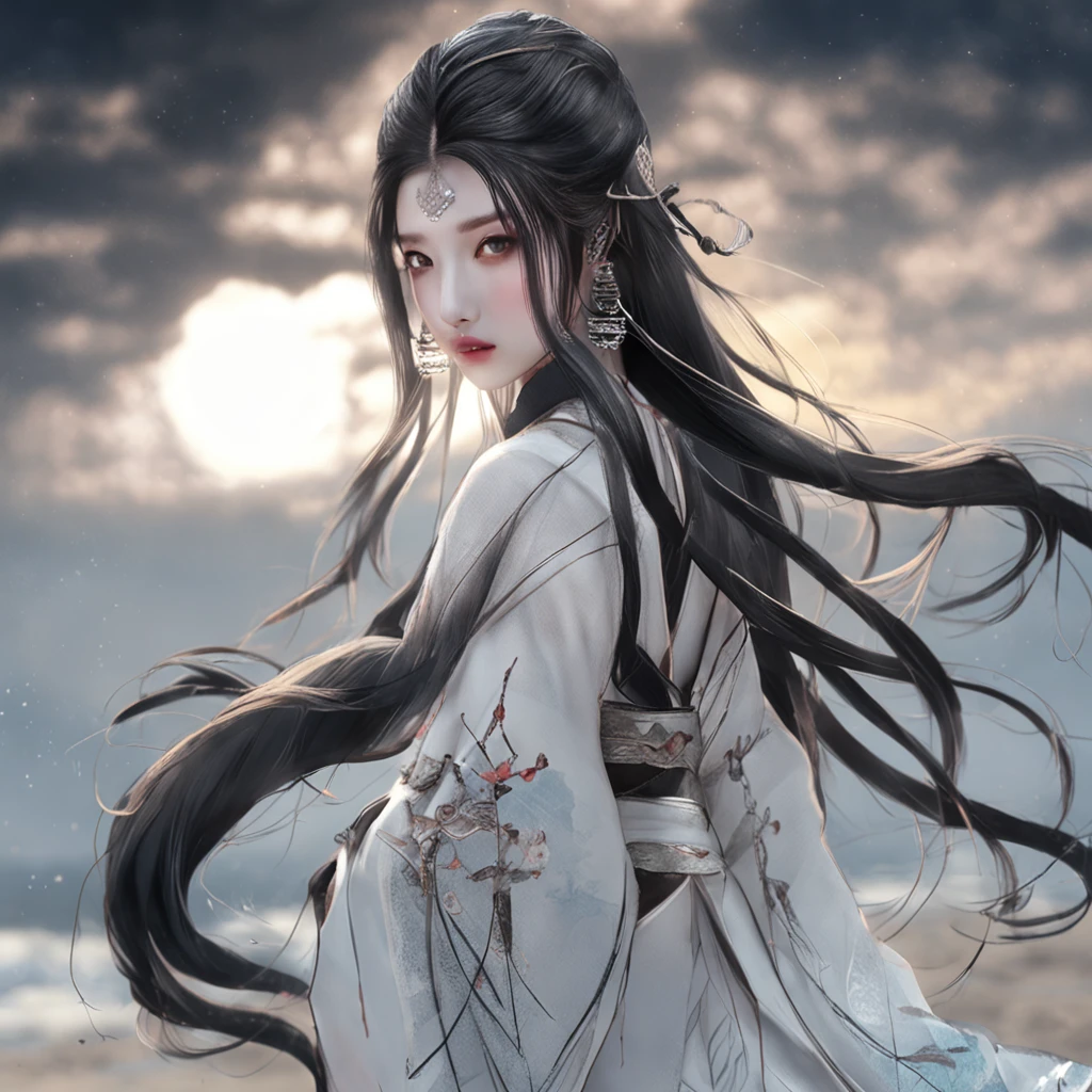 Kizi，long braid，Black color hair，White-colored skin，full bodyesbian，Hanfu，Black eyes，beachside，Need，Best quality, Masterpiece, 超高分辨率, (photograph realistic:1.4), surrealism, Dream-like,fusionart, Shadowdancer, shadow magic, darkness control, stealth, shadowstep, umbral spells, hidden blade,