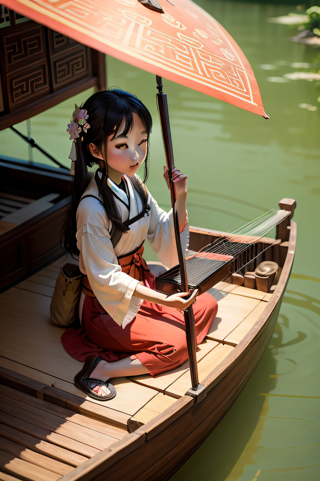 (Masterpiece),(Need),(Super meticulous),(Entire body:1.2),(A little boy:Laugh,White Hanfu,with long black hair,Sit in a small boat,The boat is on the water),(backdrop:Mountain:1.3,aqua:1.3),chibi