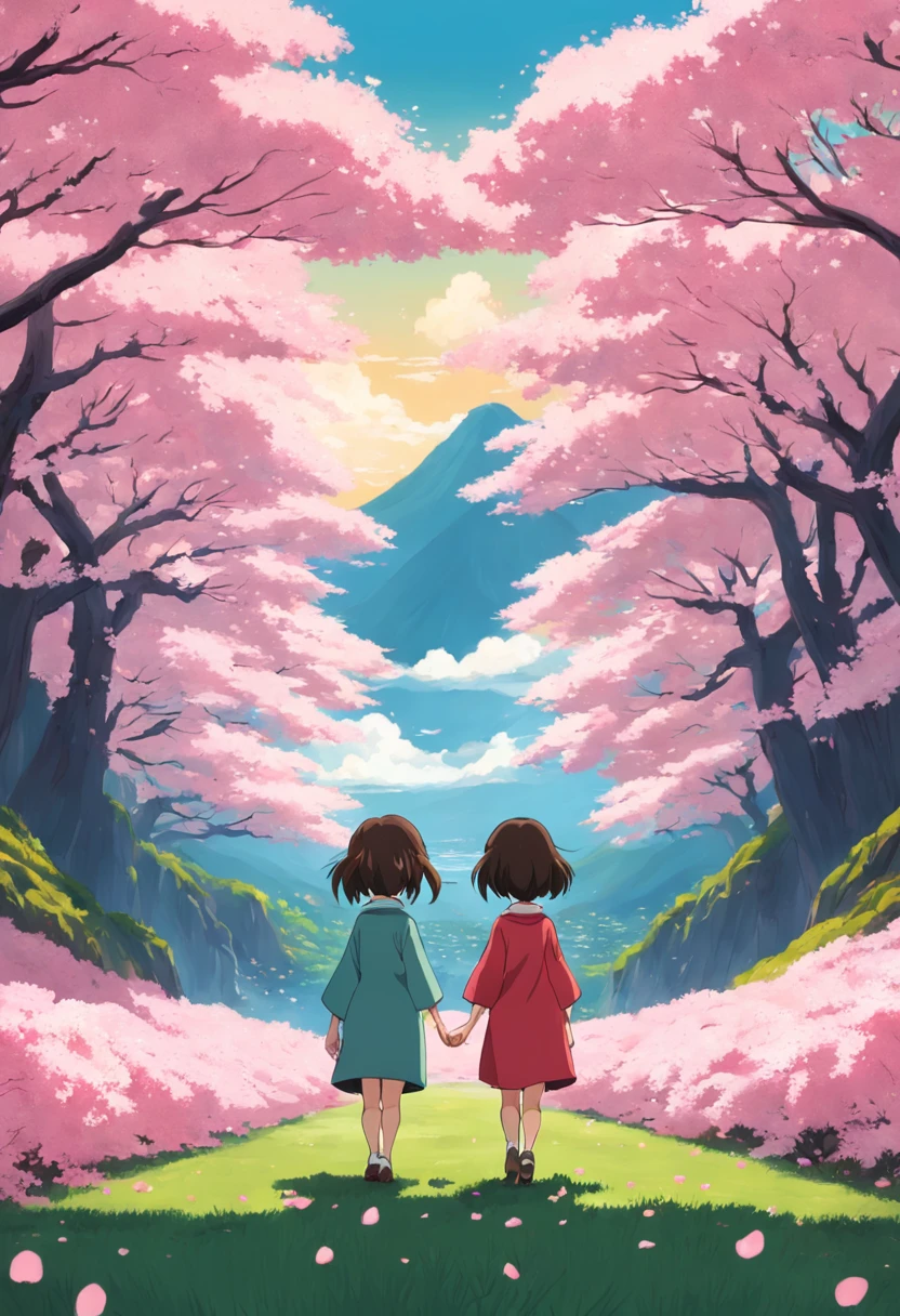 "Create a movie poster inspired by Hayao Miyazaki's Spirited Away, showcasing Chihiro Ogino and Kaonashi in a mesmerizing cherry blossom field."