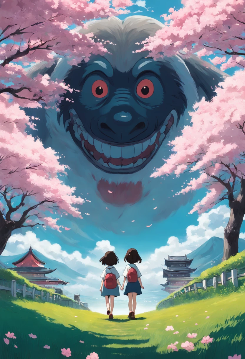 "Create a movie poster inspired by Hayao Miyazaki's Spirited Away, showcasing Chihiro Ogino and Kaonashi in a mesmerizing cherry blossom field."